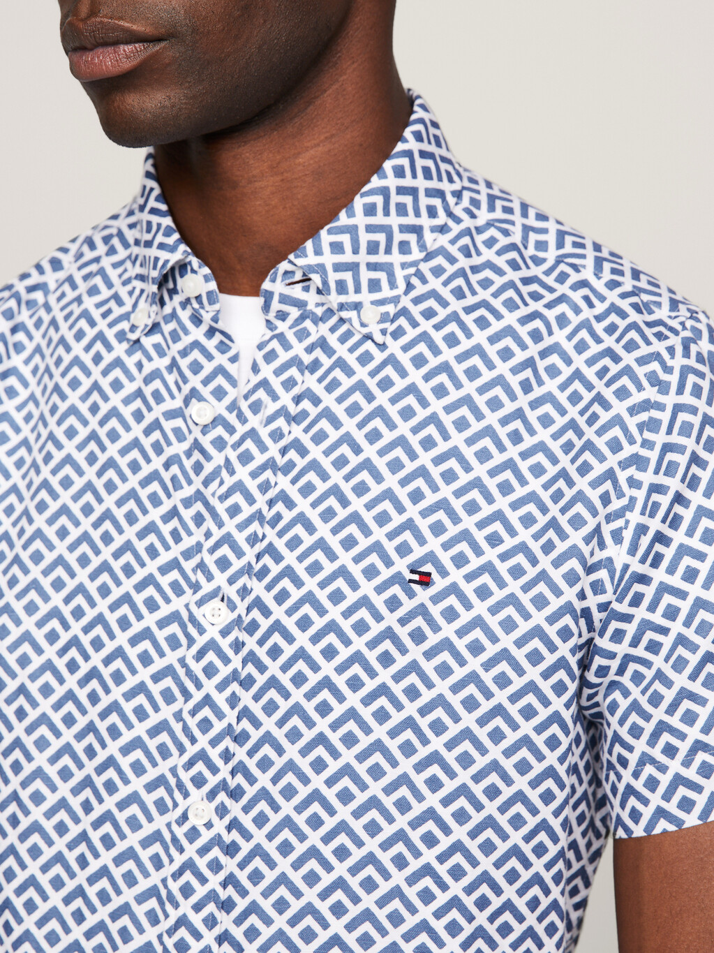 幾何印花修身短袖襯衫, Blue Coast / Optic White, hi-res