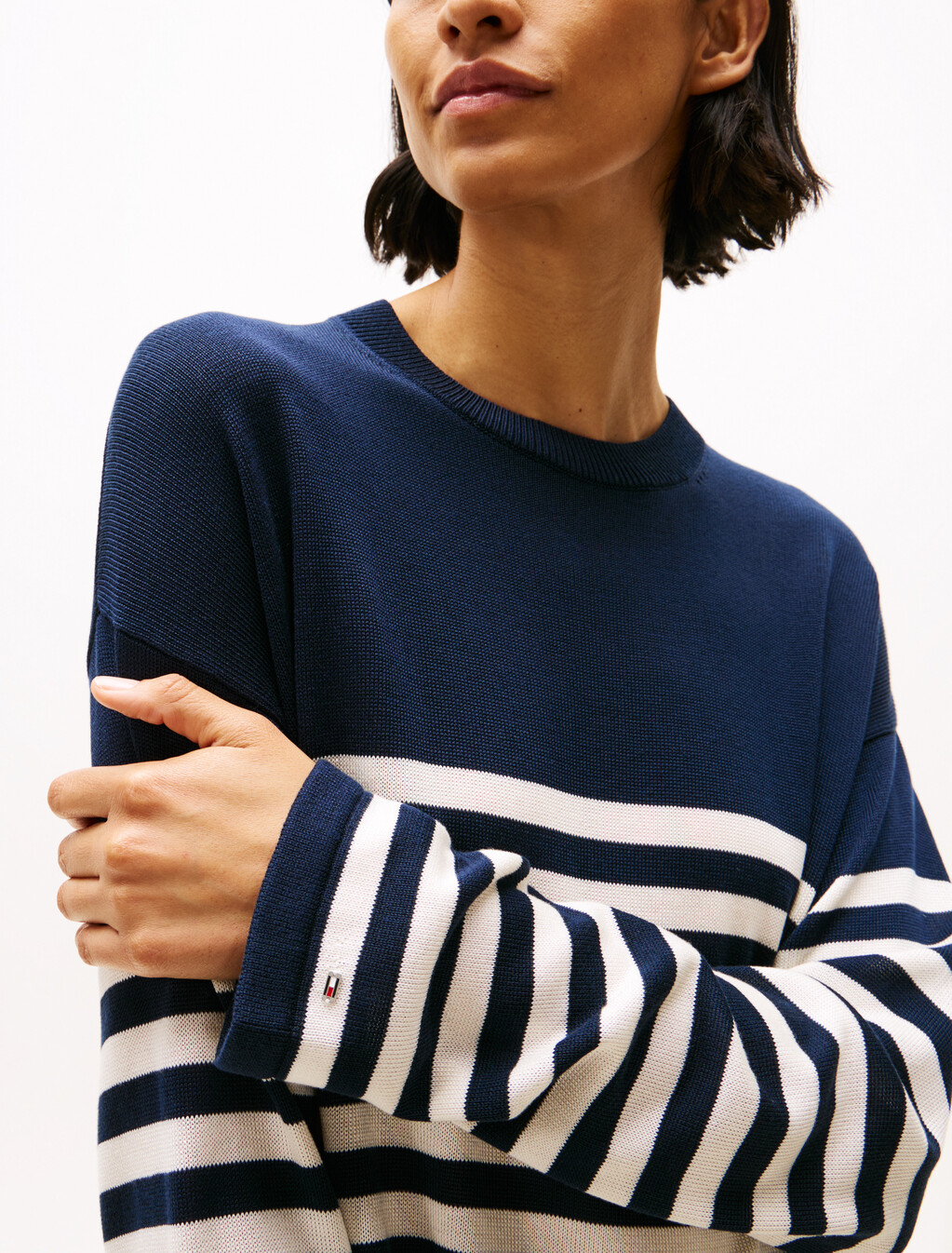 Relaxed Crew Neck Jumper With Silk, Dark Night Navy/Calico Stp, hi-res
