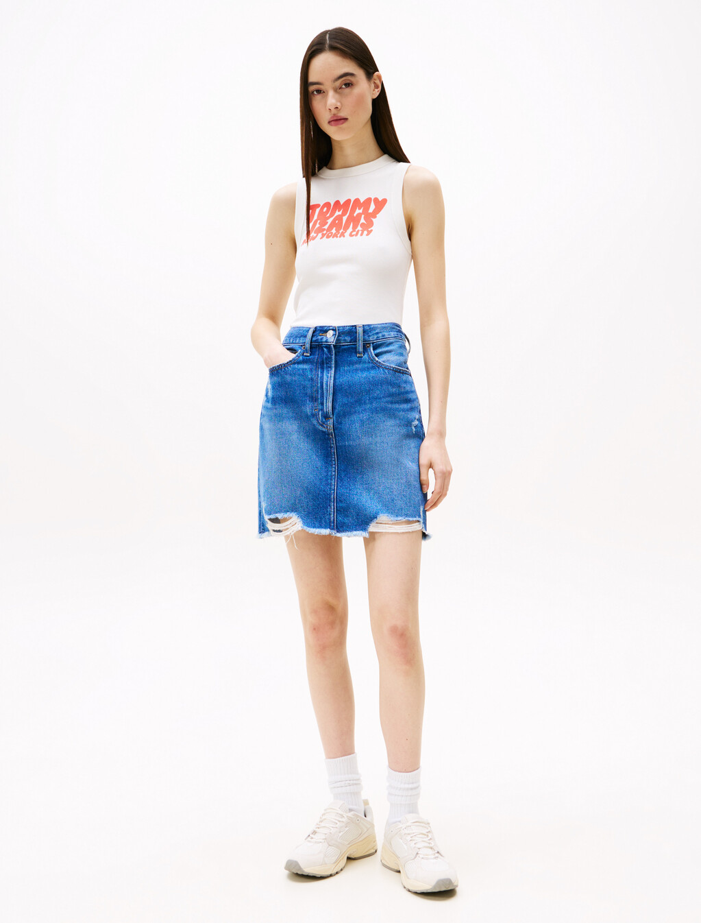 Distressed Denim Mini Mom Skirt, Denim Dark, hi-res