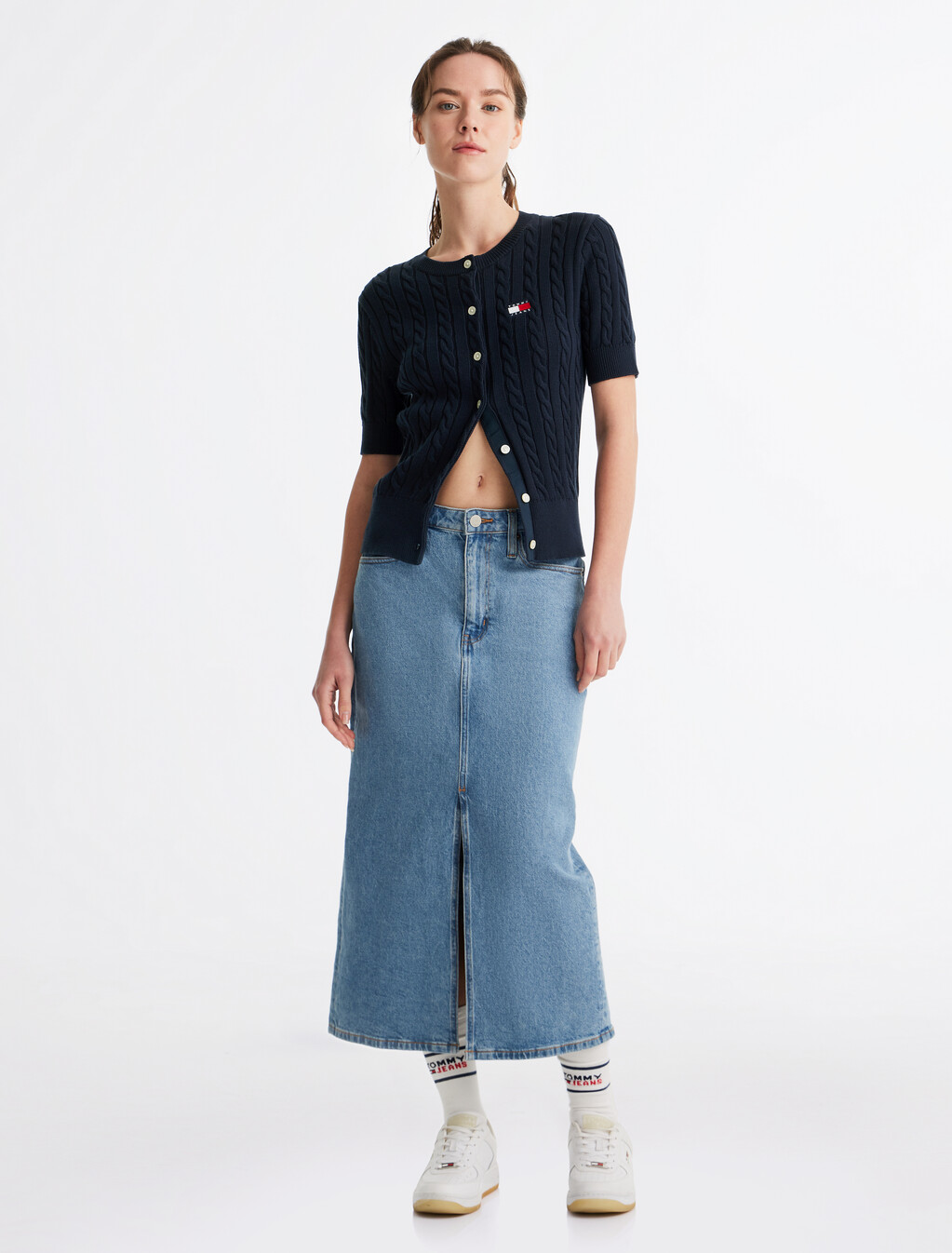 Cable Knit Short Sleeve Cardigan, Dark Night Navy, hi-res
