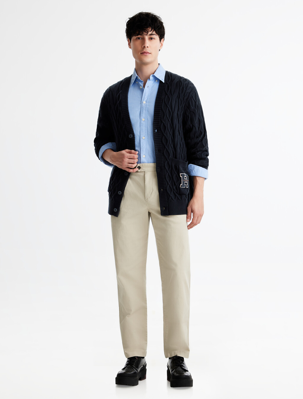 Cable Knit Letterman Applique Cardigan, Desert Sky, hi-res