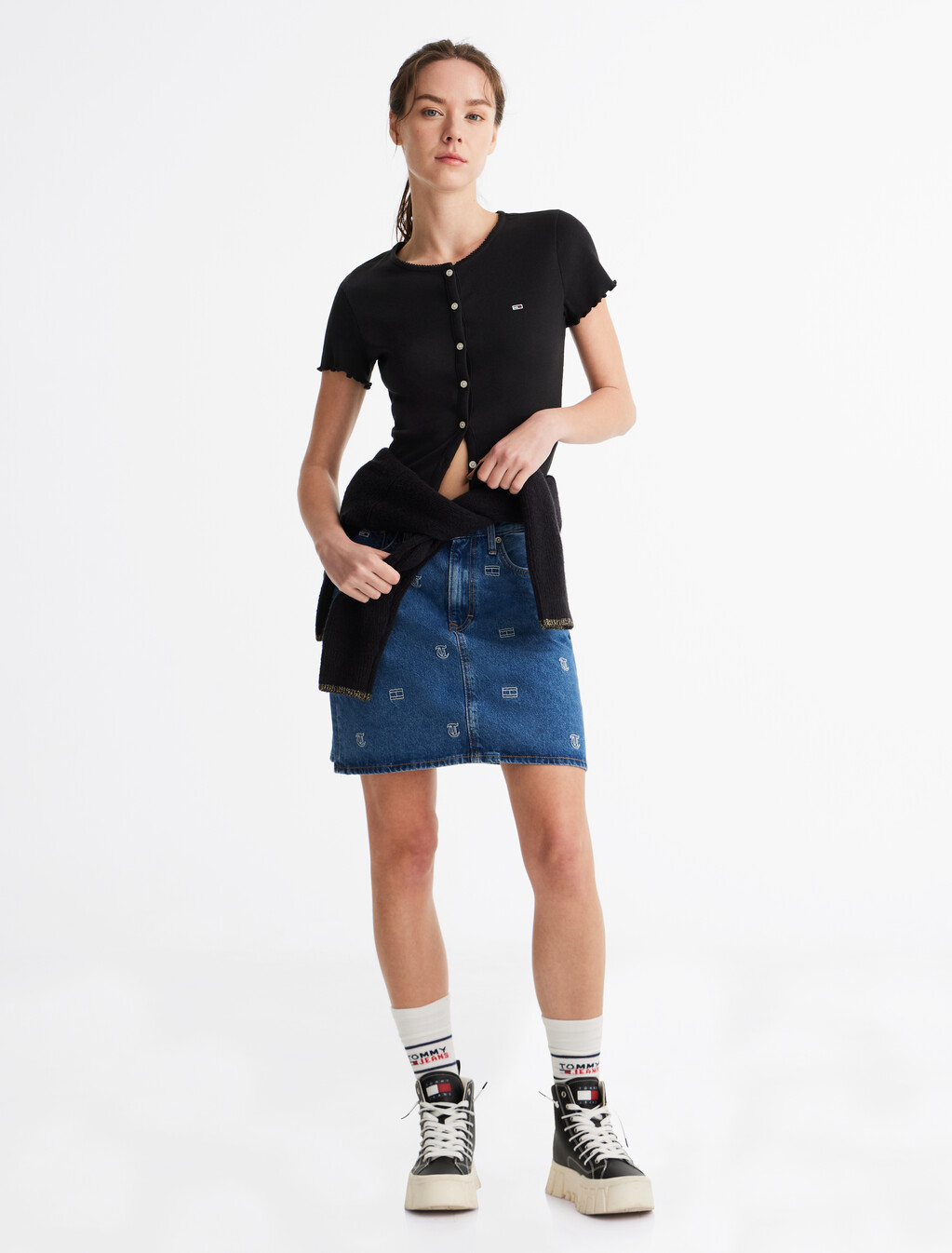 Scallop Trim Rib Knit Top, Black, hi-res