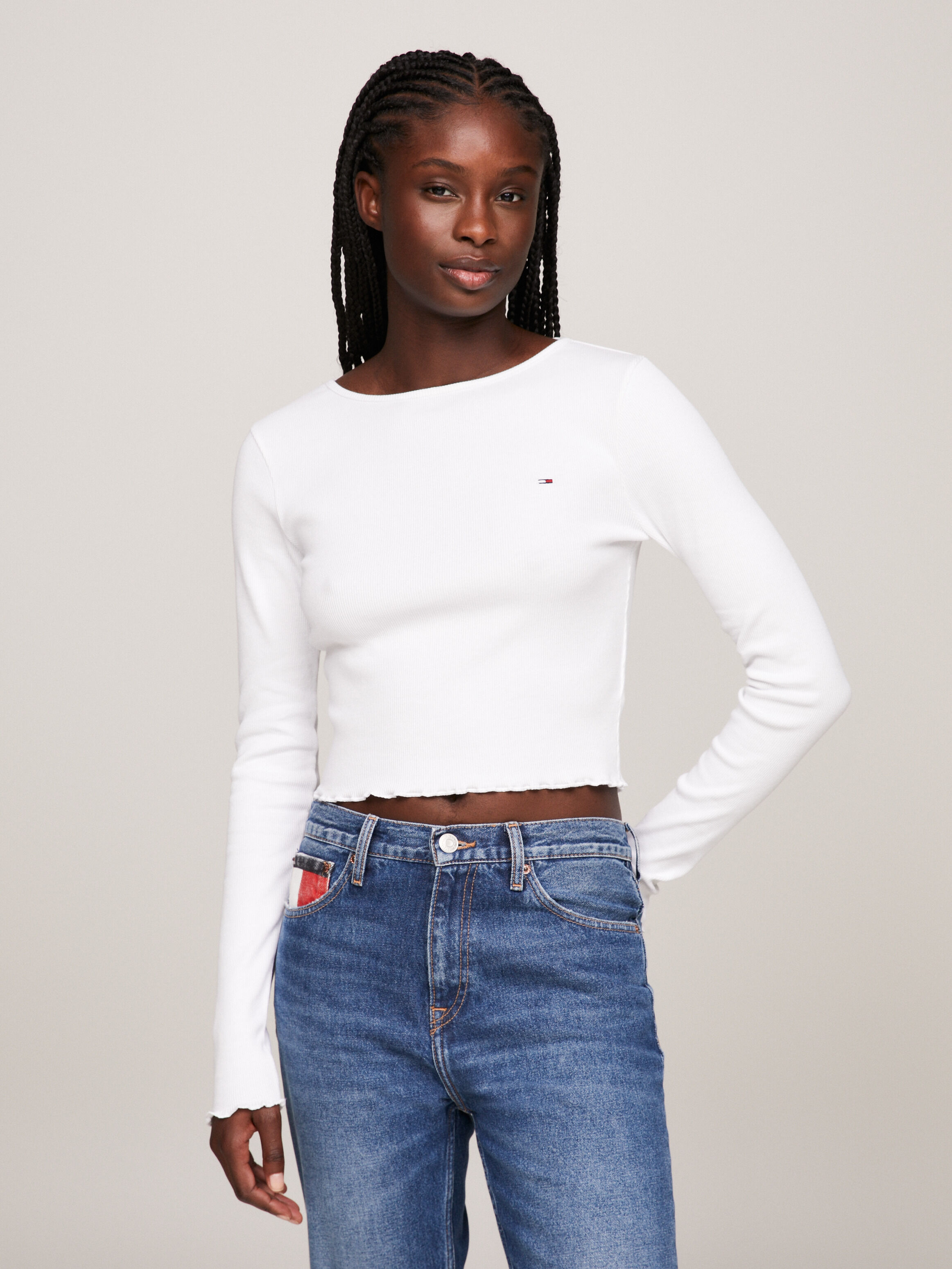Ruffle Cropped Fit Long Sleeve T Shirt