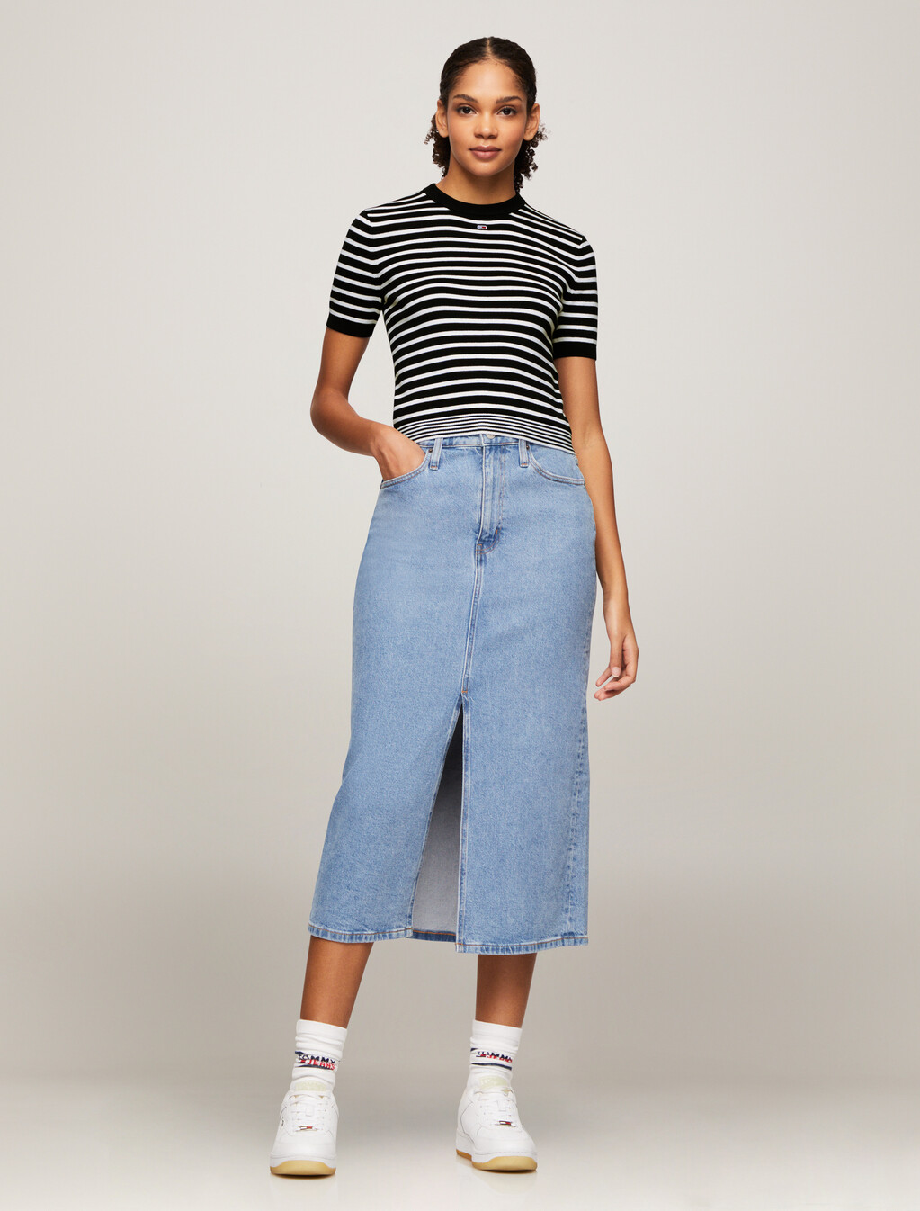 Essential Stripe Short Sleeve Sweater, Navy/White Stripe, hi-res