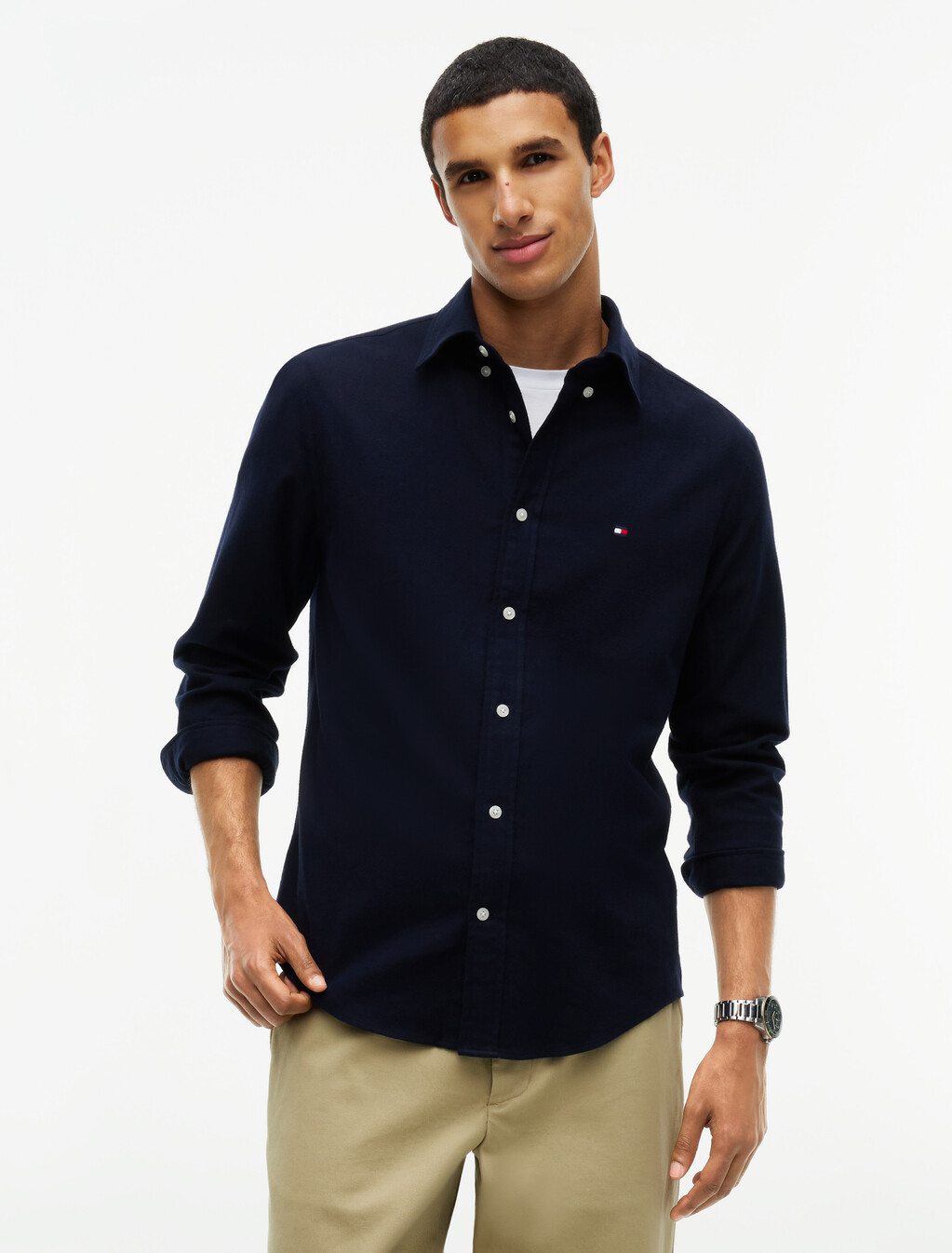 Regular Fit Herringbone Flannel Shirt, Navy Blue, hi-res
