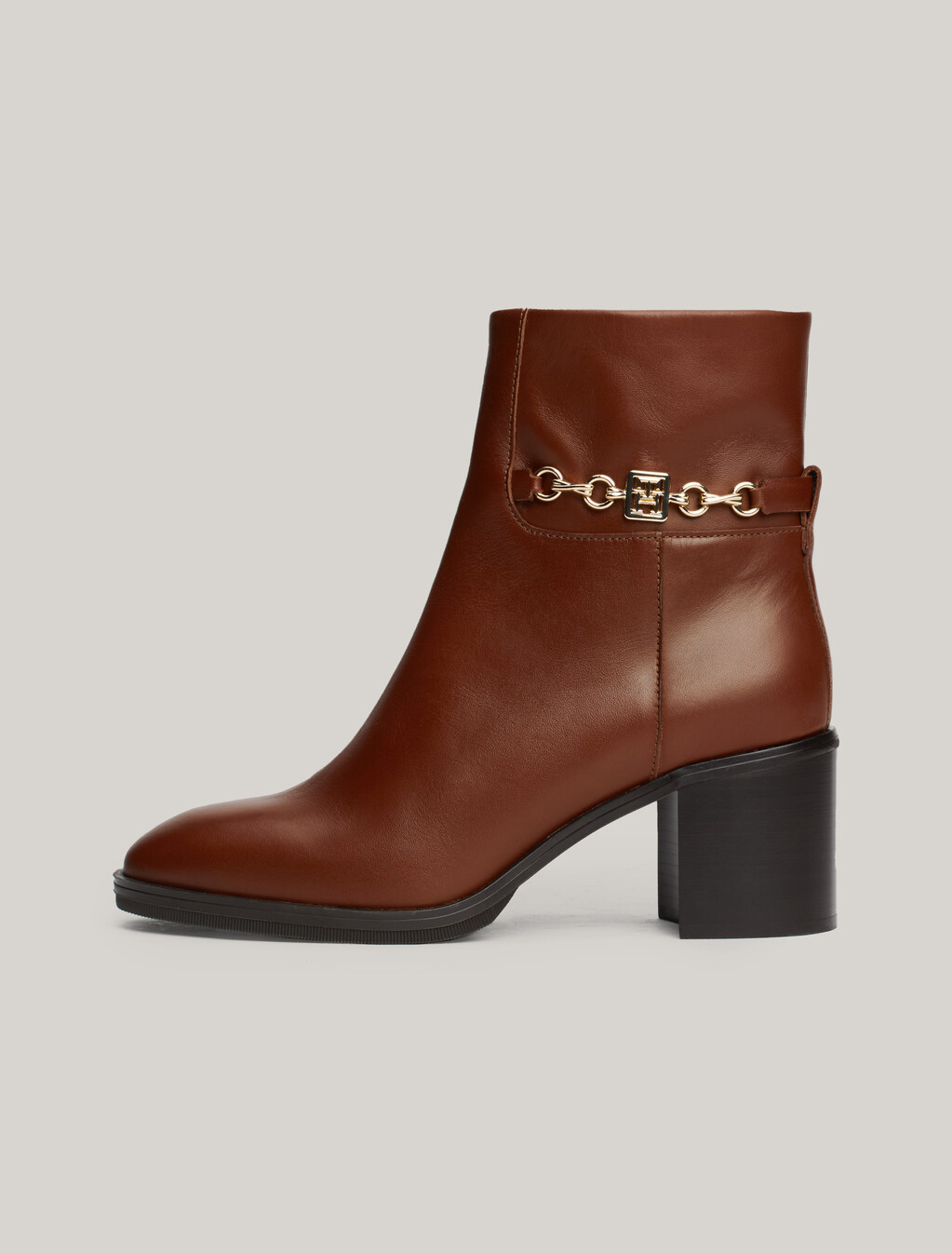 Leather Chain Hardware Block Heel Boots, Cognac Brown, hi-res