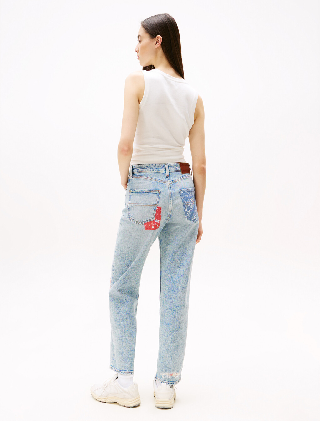 Patchwork High Rise Slim Straight Jeans, Denim Light, hi-res