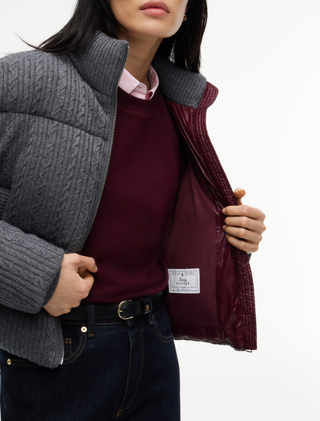 Wool Blend Cable Knit Down Jacket, Medium Grey Heather, hi-res