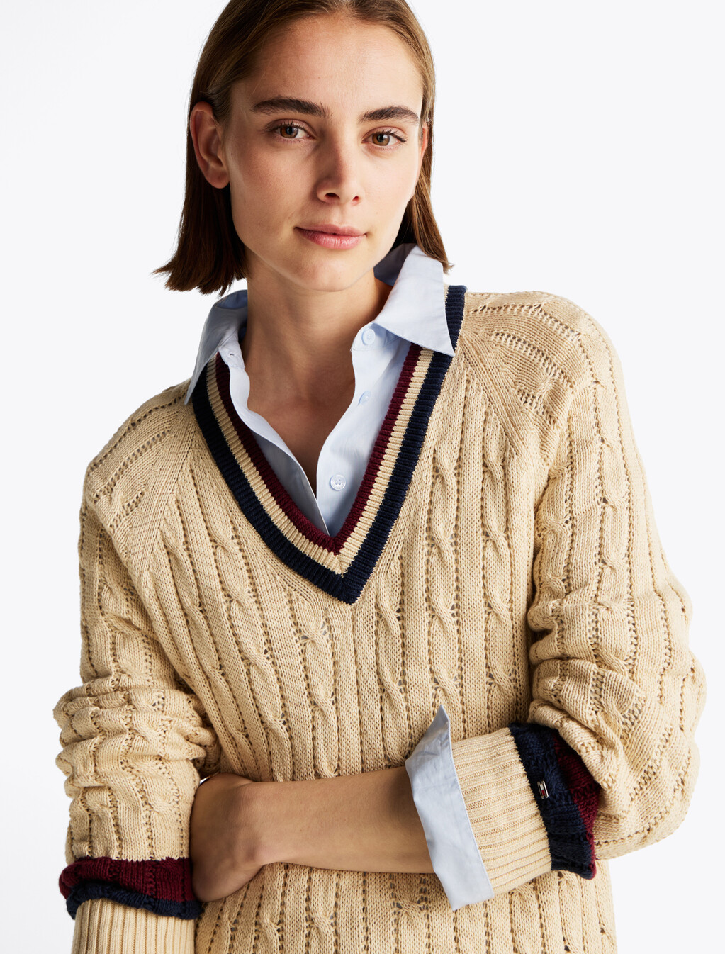Varsity Cable Knit V Neck Sweater Dress, Country Ivory, hi-res