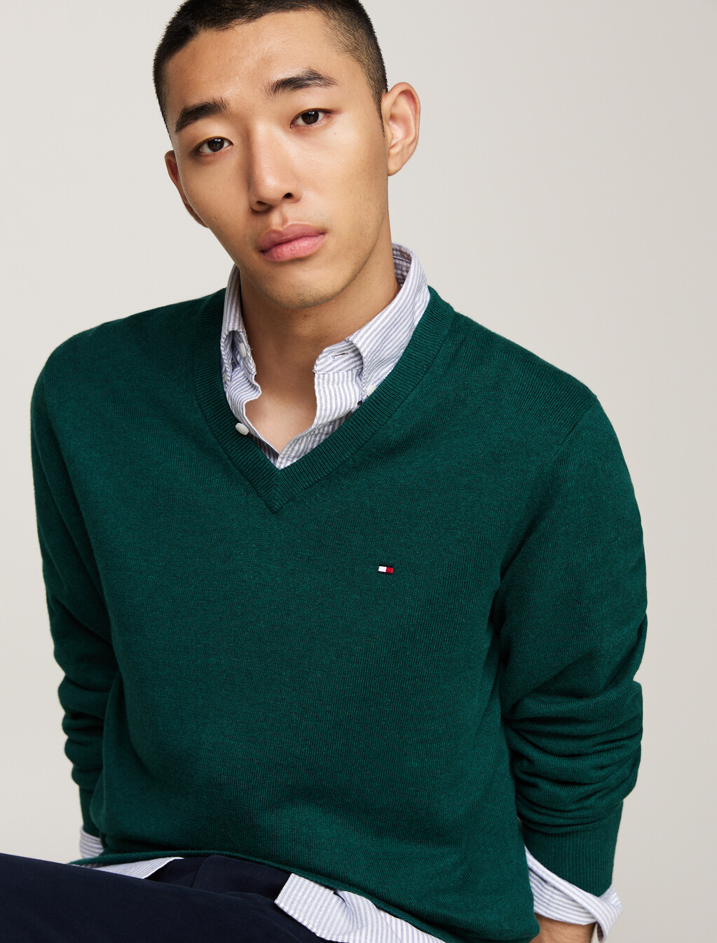 Cotton Cashmere V-Neck Jumper, Ornamental Green Heather, hi-res