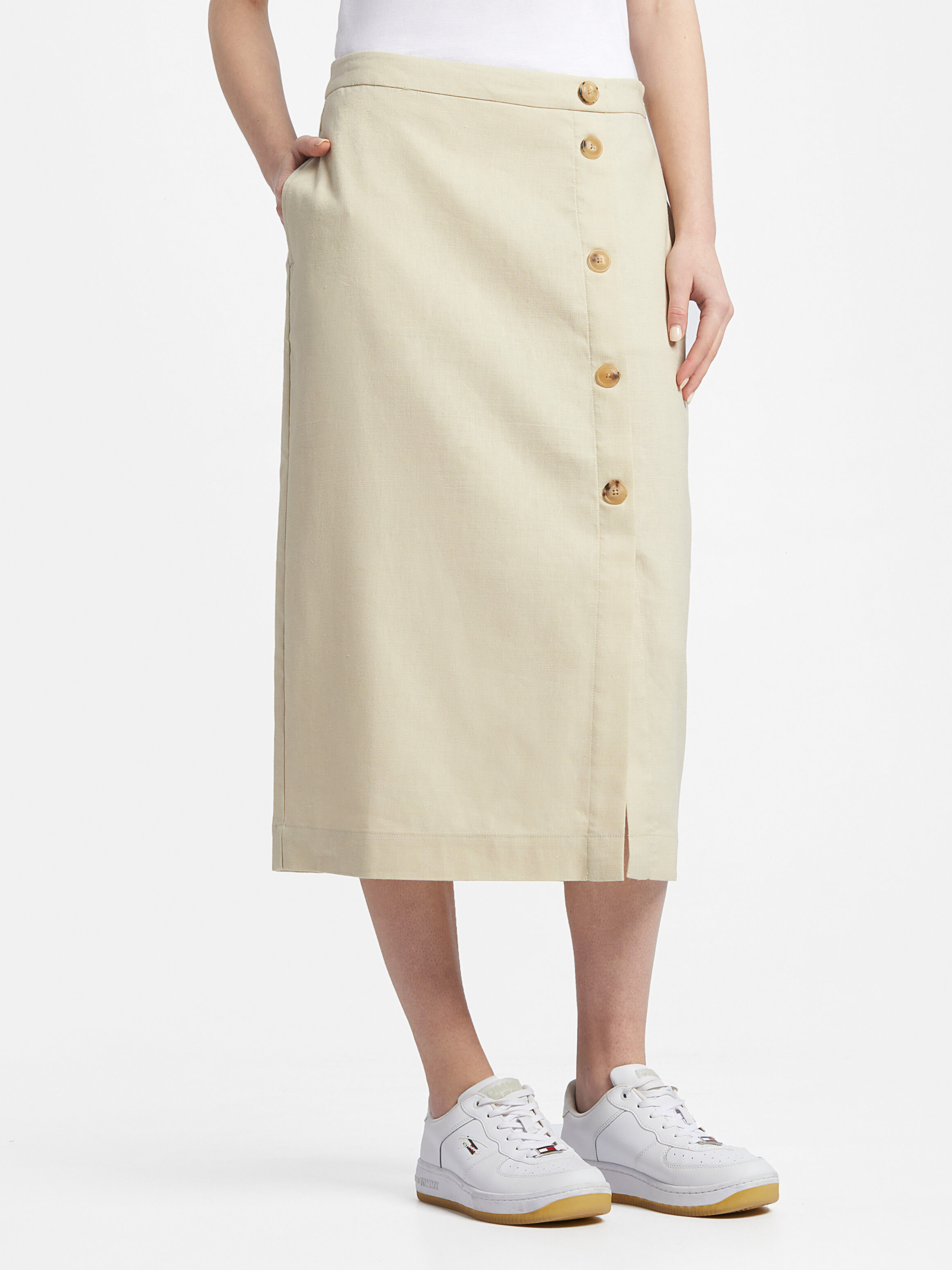 Stretch Linen Knee Length Skirt