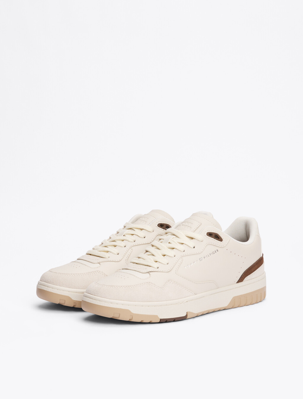 Leather Mixed Texture Basketball Trainers, Alabaster, hi-res