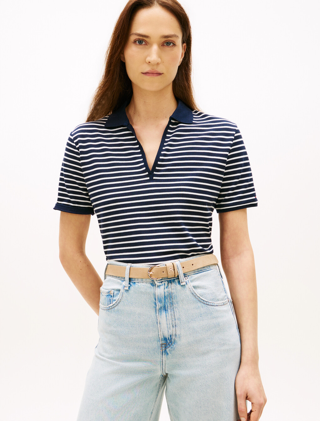 Relaxed Fit Open Placket Pique Polo Shirt, Small Brt Stp Dark Night  / Ecru, hi-res