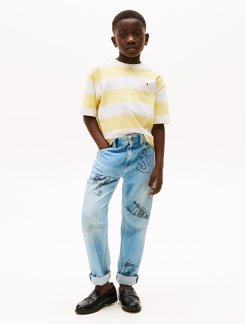 Flag Embroidery Crew Neck T-Shirt, Citronella White Stripe, hi-res