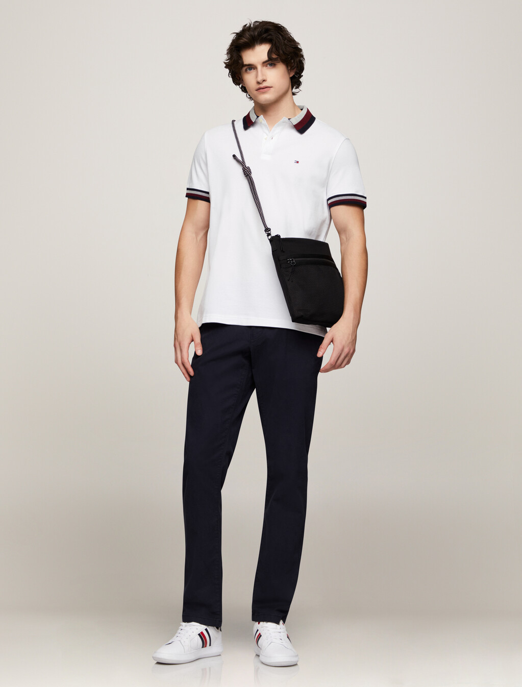 Stripe Collar Polo, White, hi-res