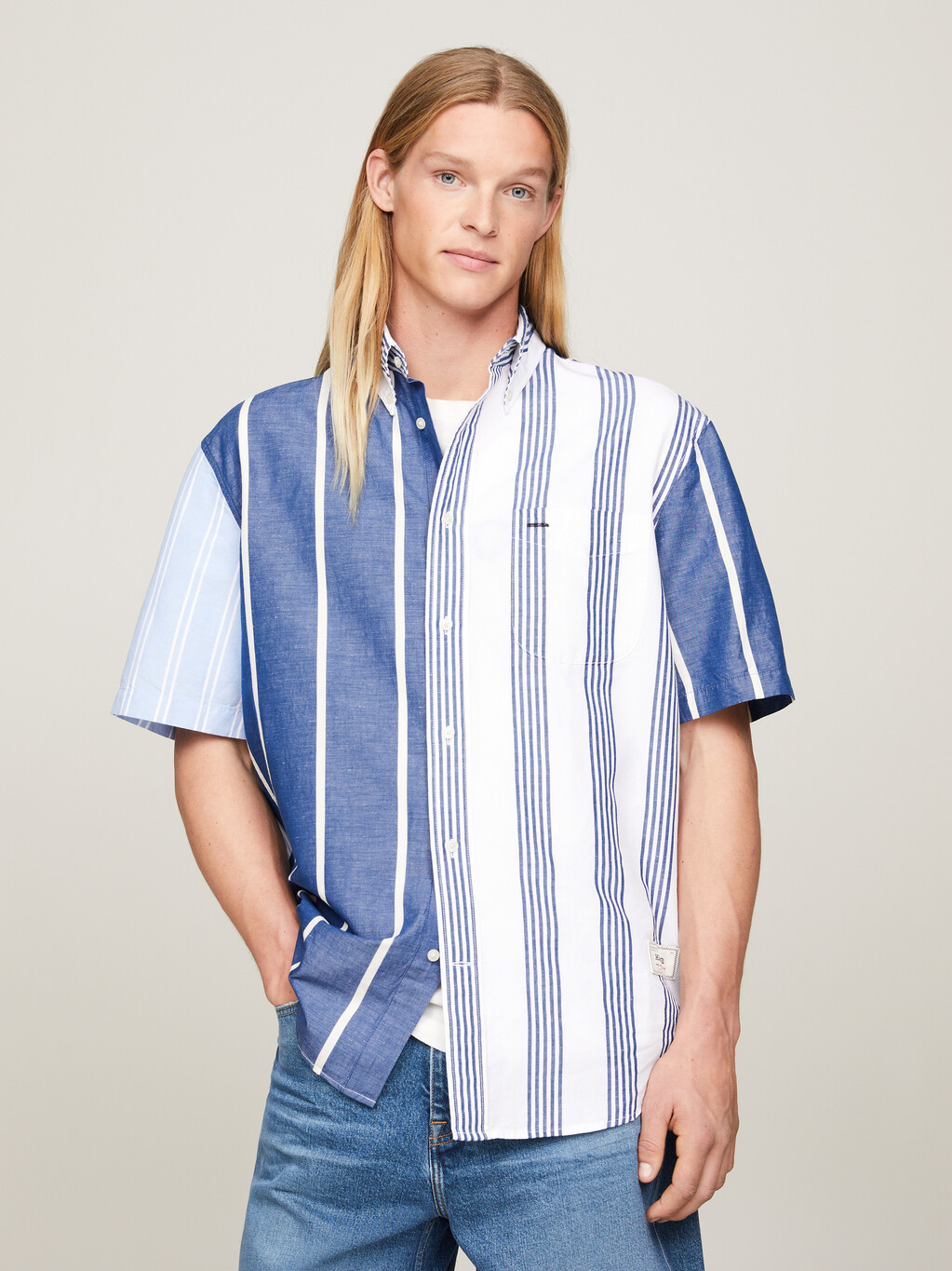 Contrast Stripe Regular Short Sleeve Shirt, Anchor Blue / Multi, hi-res
