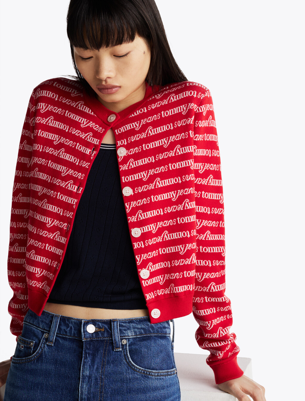 All-Over Logo Cropped Slim Cardigan, Red Hybrid Logo Aop, hi-res
