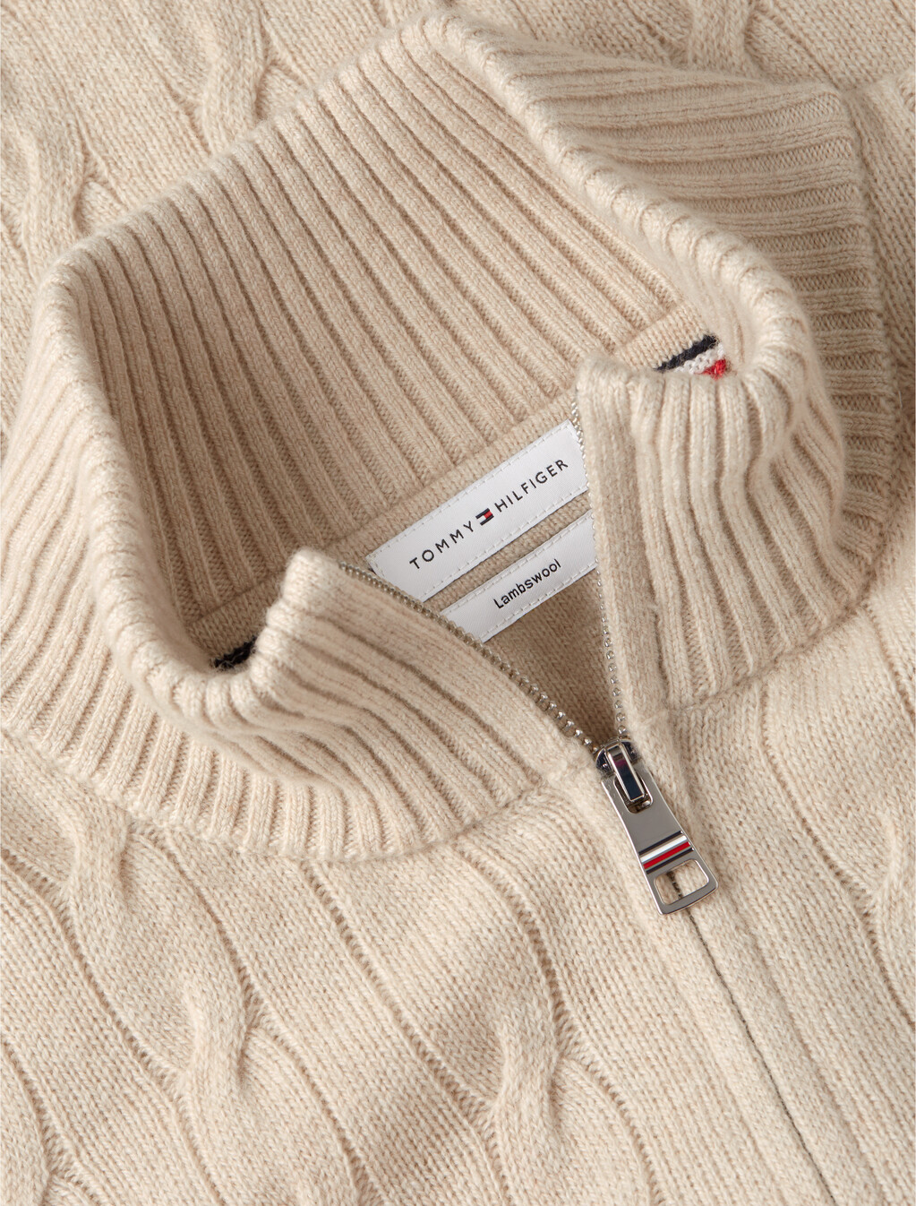 Pure Lambswool Cable Knit Quarter-Zip Jumper, Heathered Oatmilk, hi-res