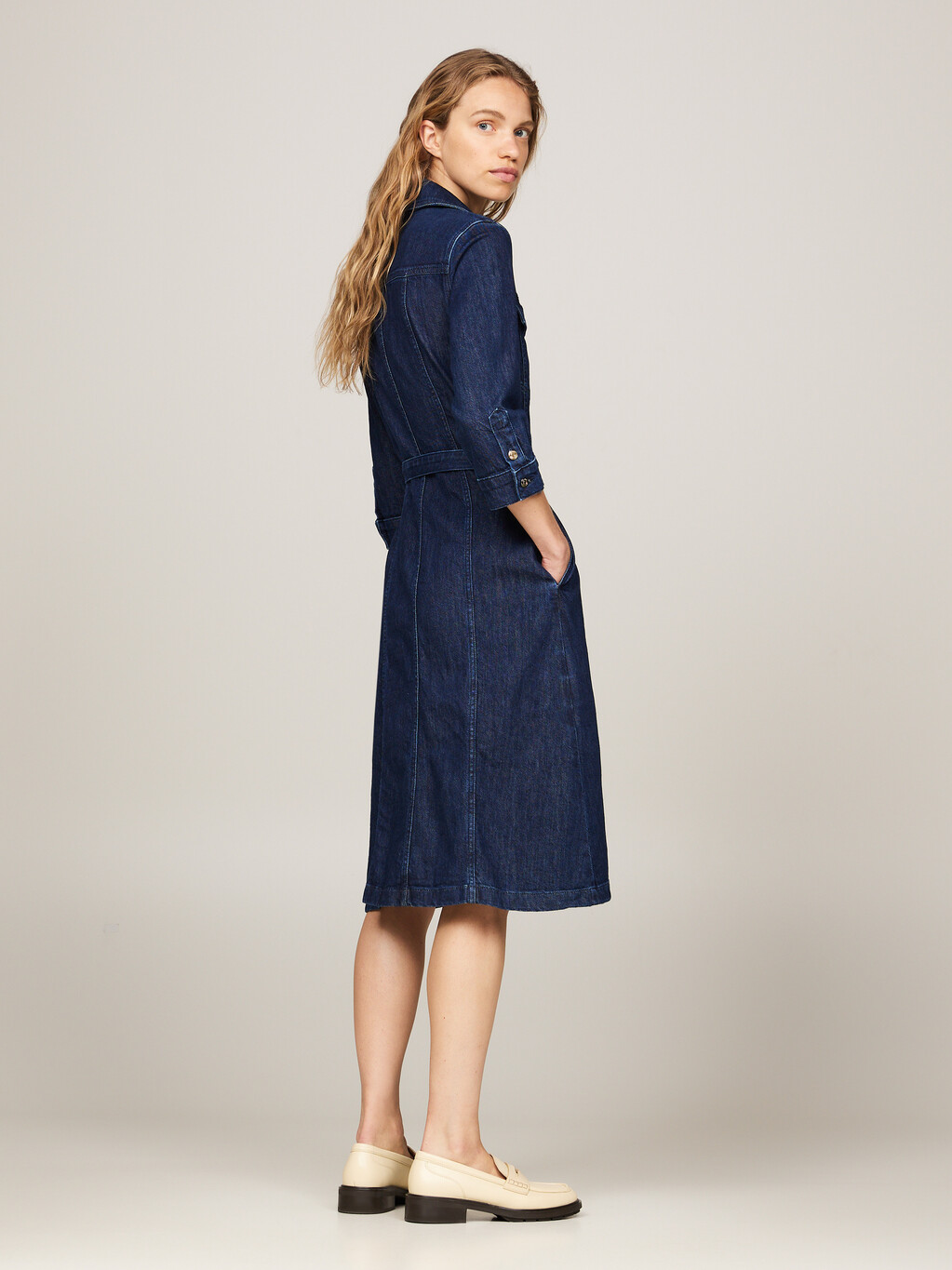 Belted Denim Midi Dress, Cler, hi-res