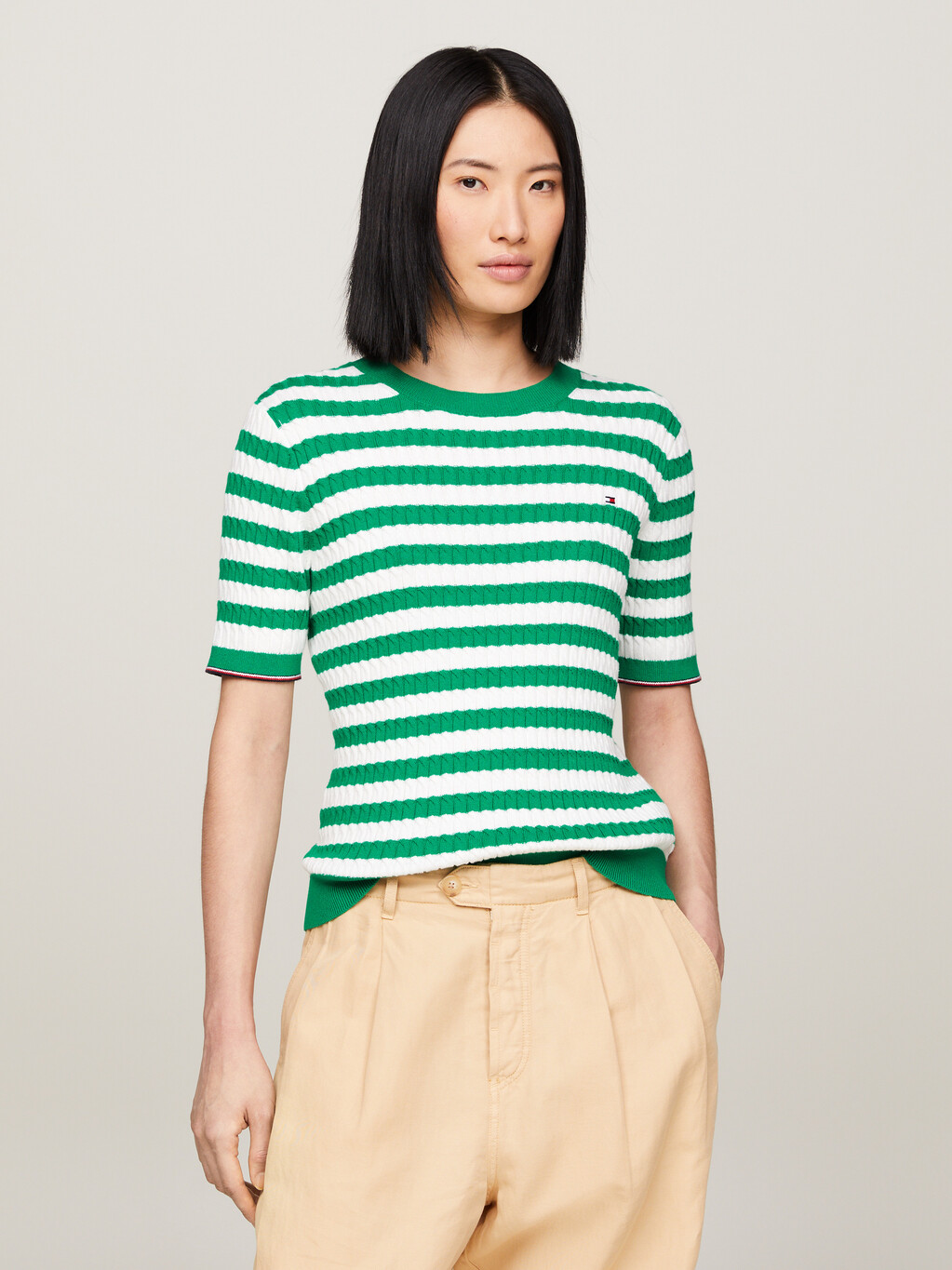 條紋修身短袖冷衫, Breton Ecru/Olympic Green, hi-res