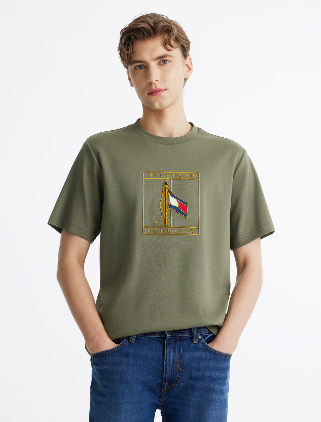 旗幟刺繡雙面棉質 T 恤, Battle Green, hi-res