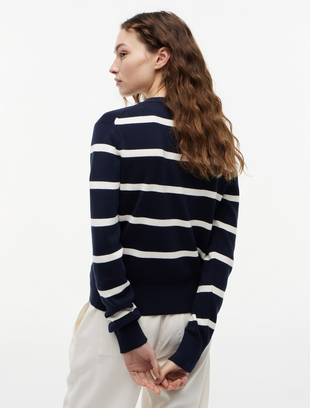 Full Needle Round Neck Cardigan, Big Stp Dark Night / Ivory Petal, hi-res