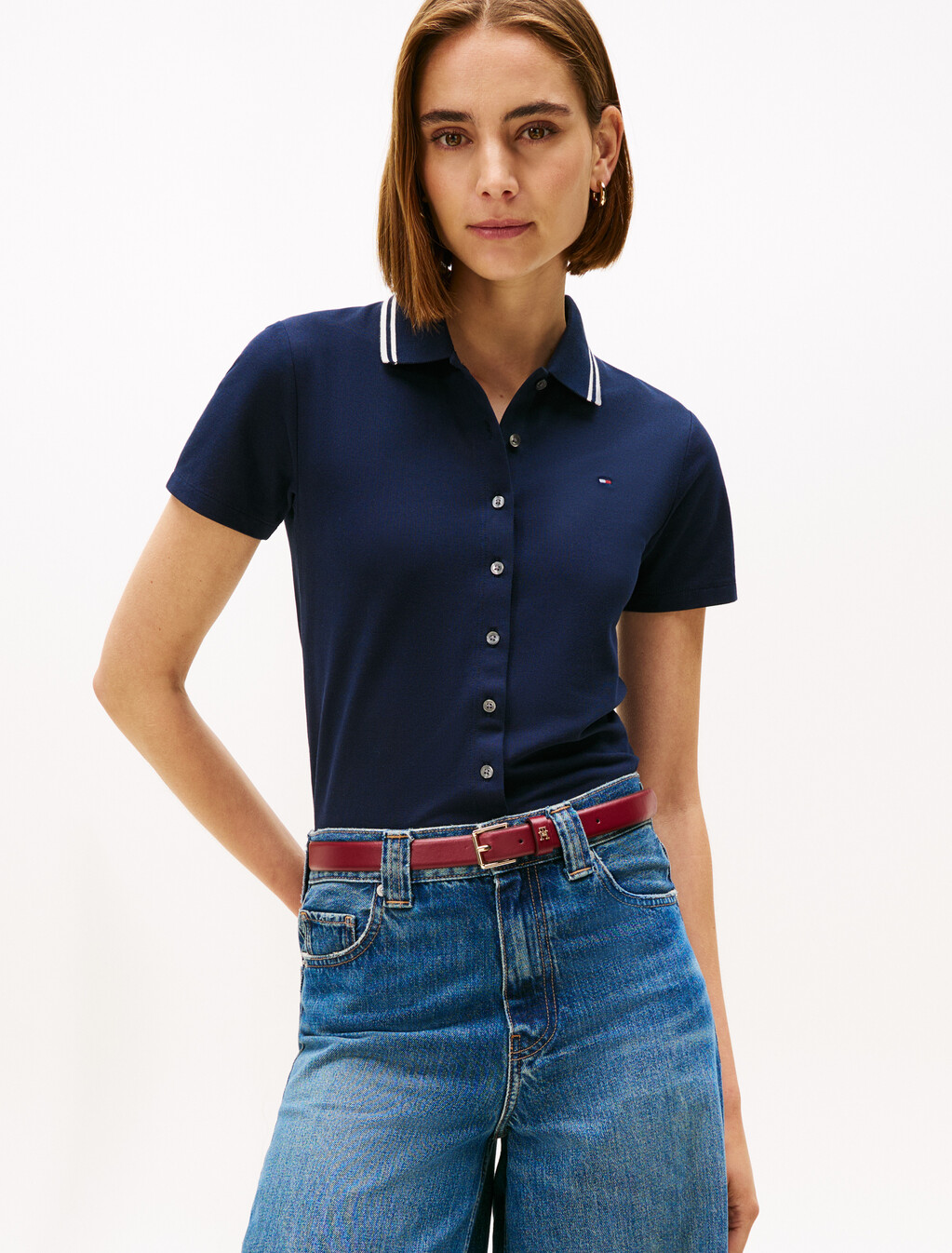 Tipped Slim Button Down Polo, Dark Night Navy, hi-res