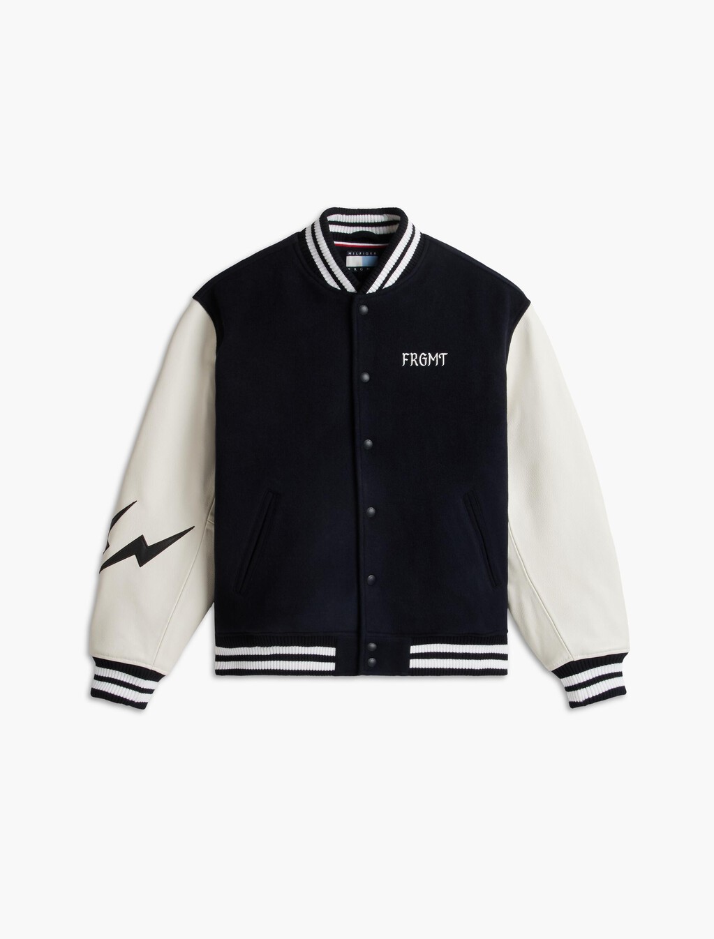 Tommy Hilfiger x FRGMT Pebble Grain Leather Varsity Jacket, Navy Blue / Ecru, hi-res