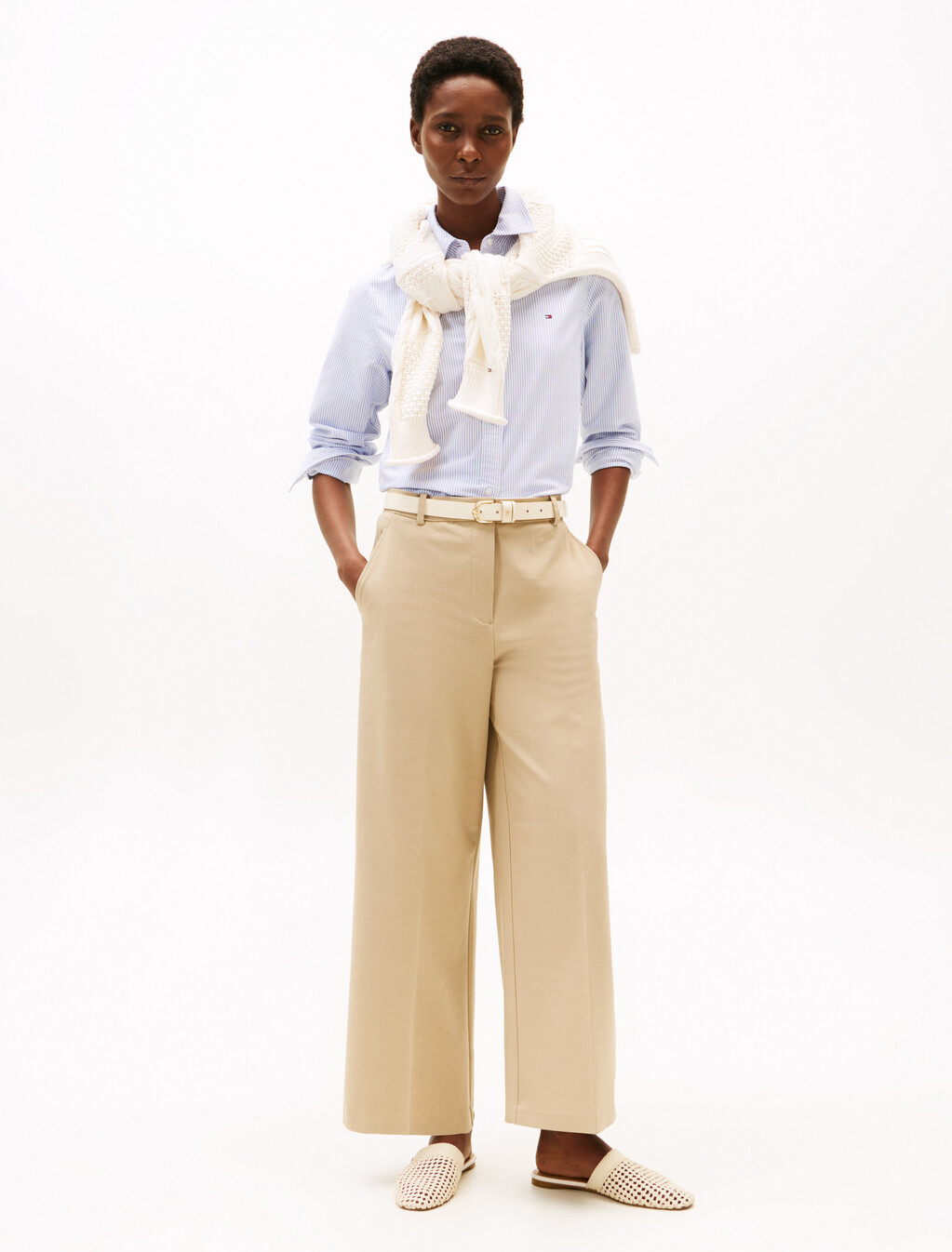 Anti-Wrinkle Wide Leg Cropped Trousers, Beige, hi-res