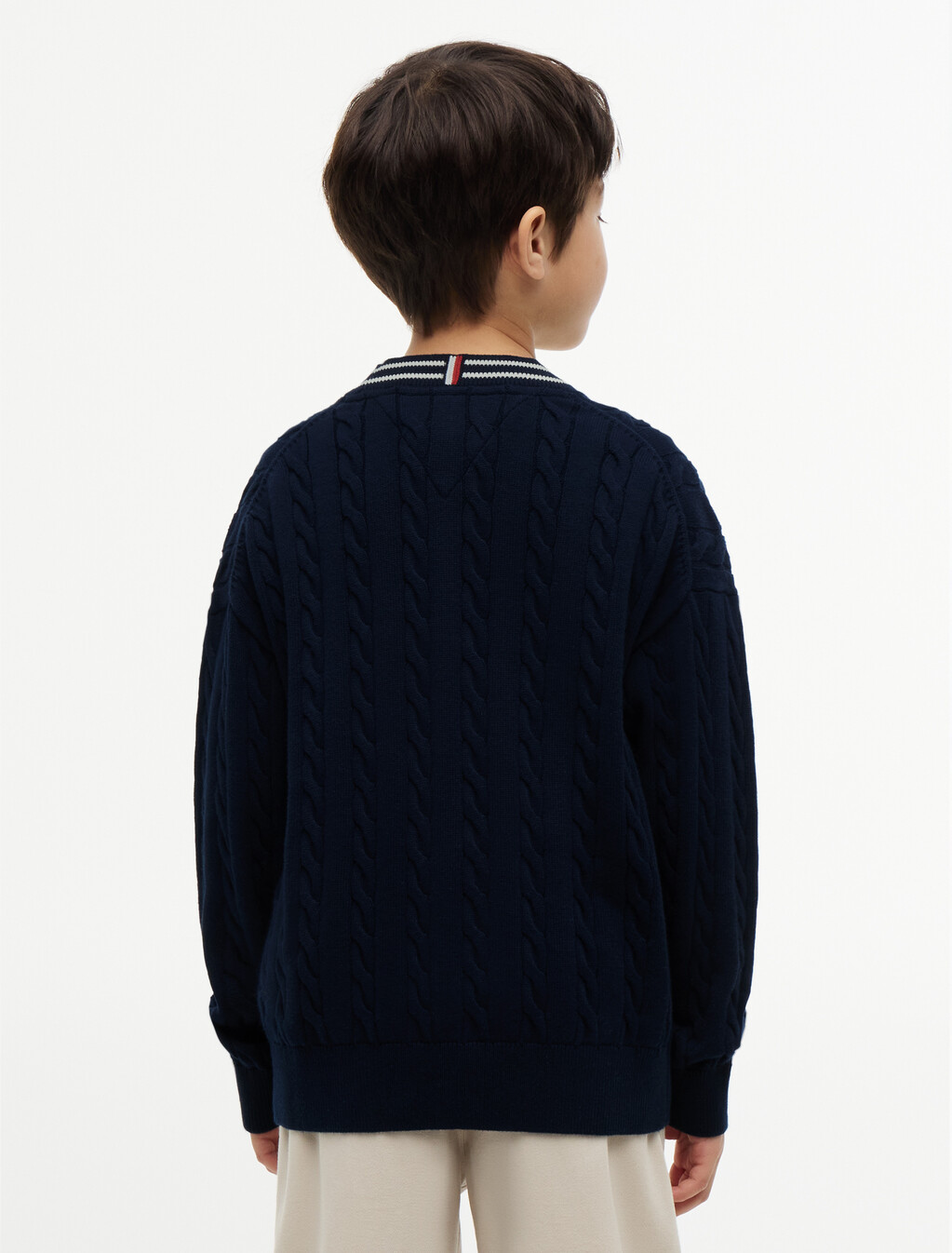 Tipped Cable Knit Polo Cardigan, Dark Night Navy, hi-res