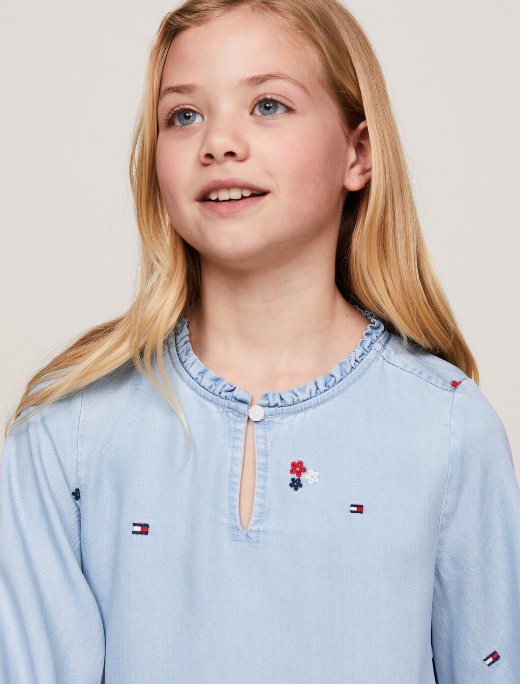 Floral Embroidery Fit And Flare Dress, Denim Medium, hi-res
