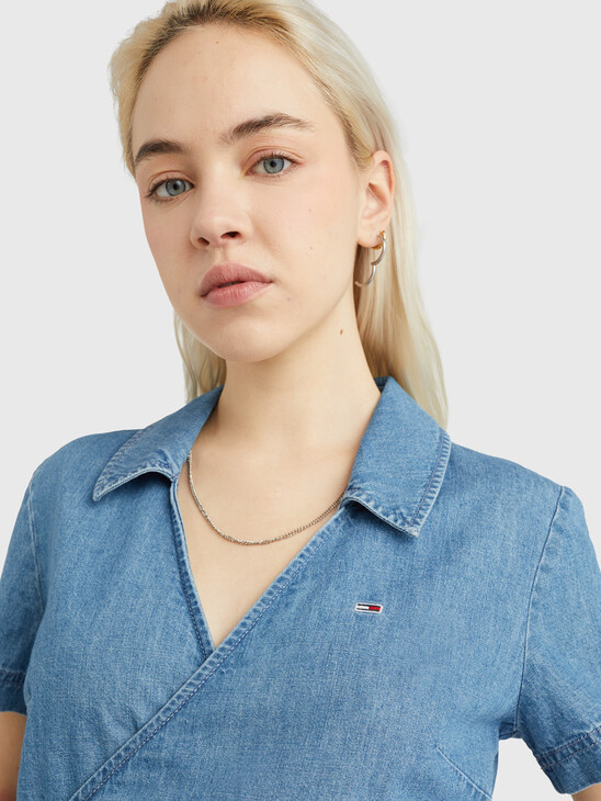 CHAMBRAY CROPPED SHORT SLEEVE WRAP SHIRT