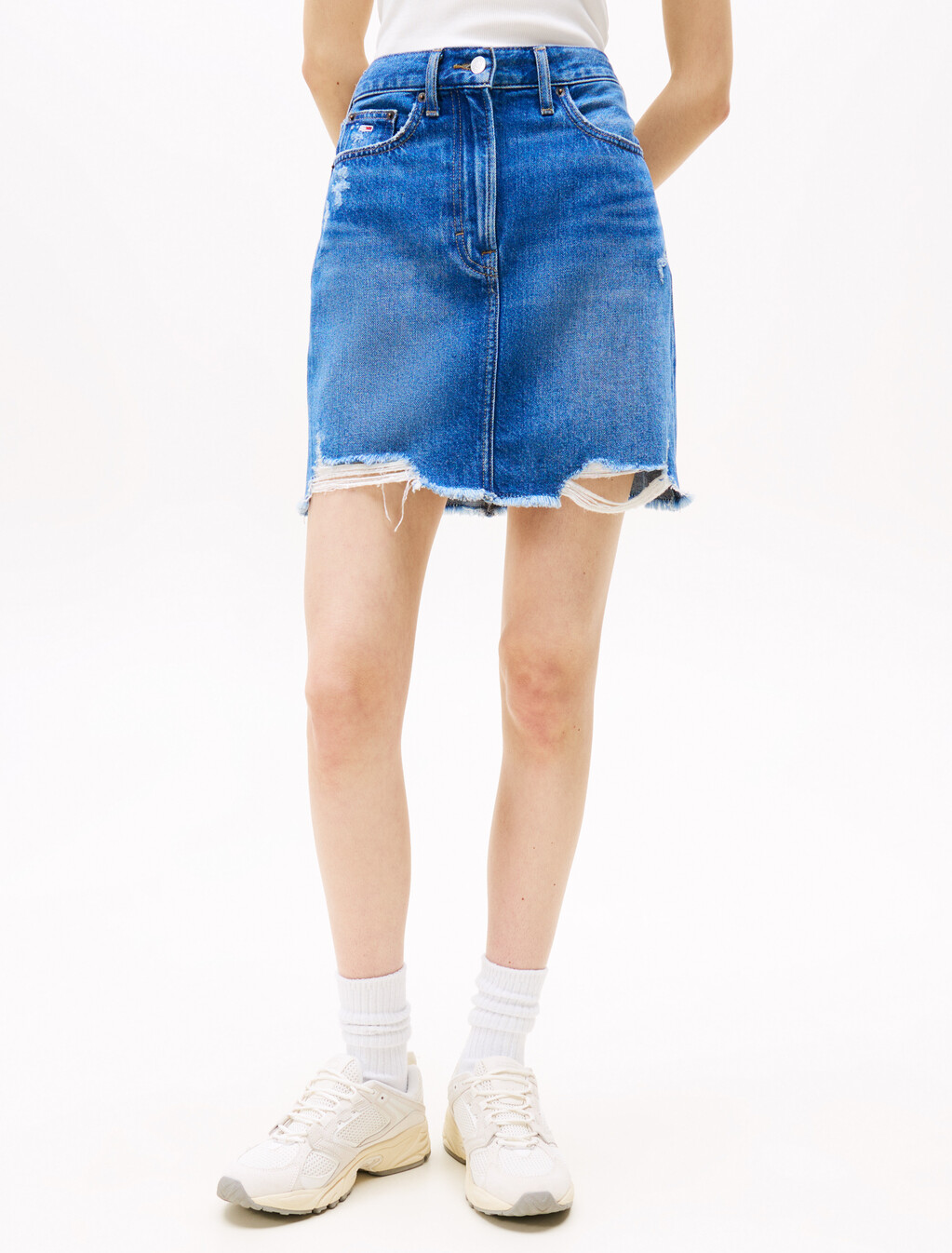 Distressed Denim Mini Mom Skirt, Denim Dark, hi-res