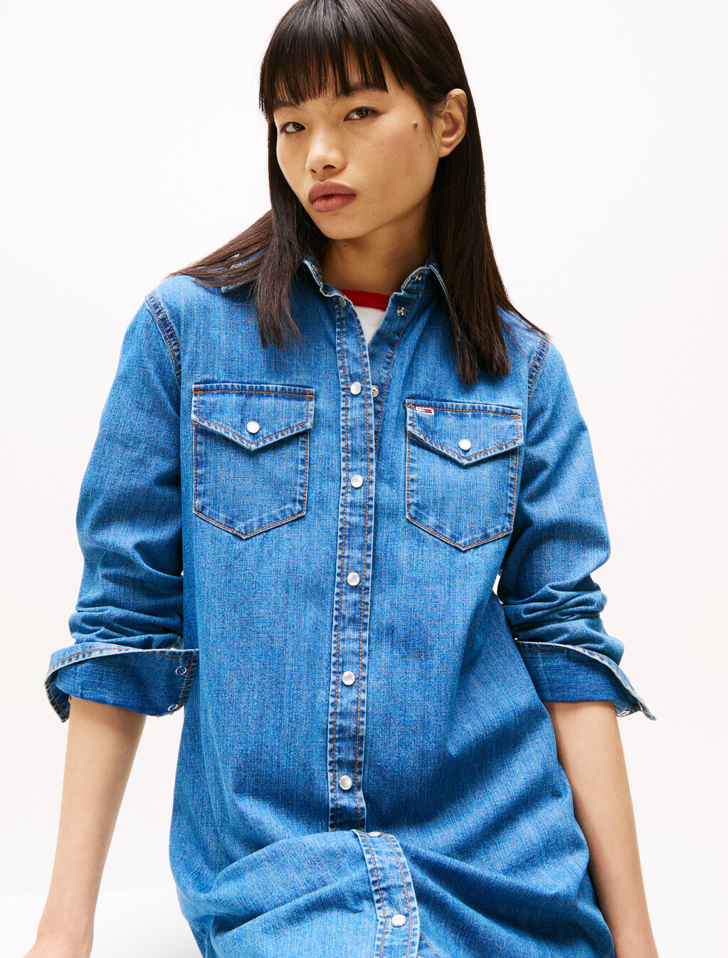 牛仔迷你襯衫連身裙, Denim Medium, hi-res