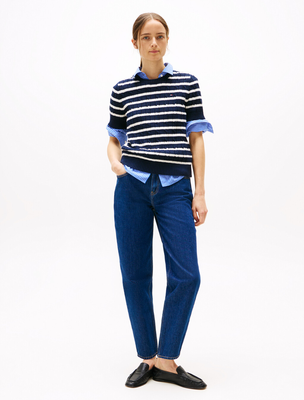 Cable Knit Short Sleeve Jumper, Dark Night Navy/Ivory Petal Stp, hi-res