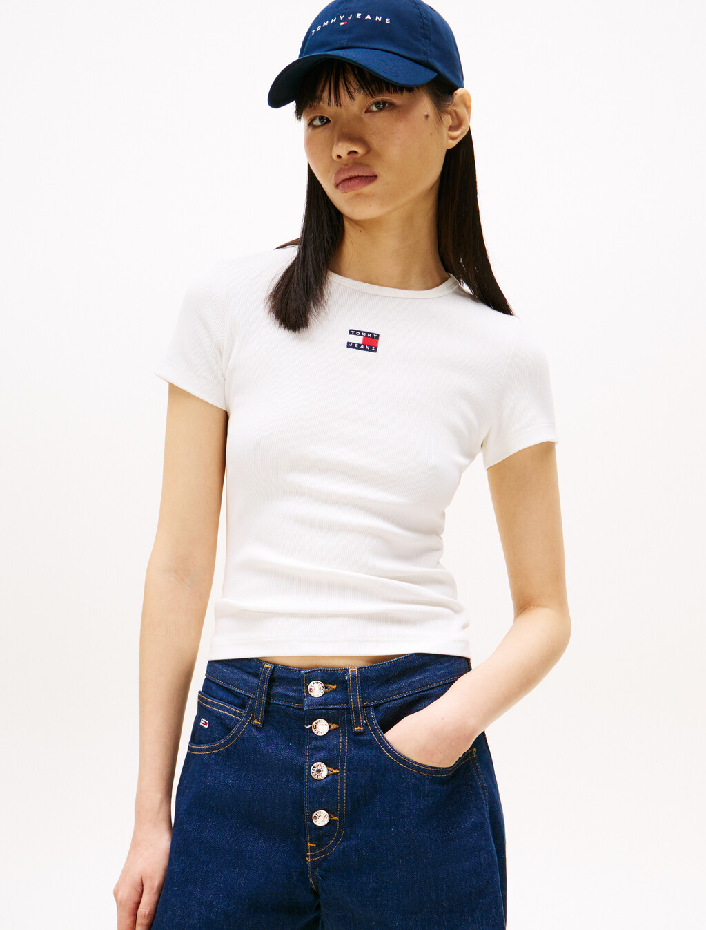 Slim Badge Ribbed T-Shirt, Ecru, hi-res