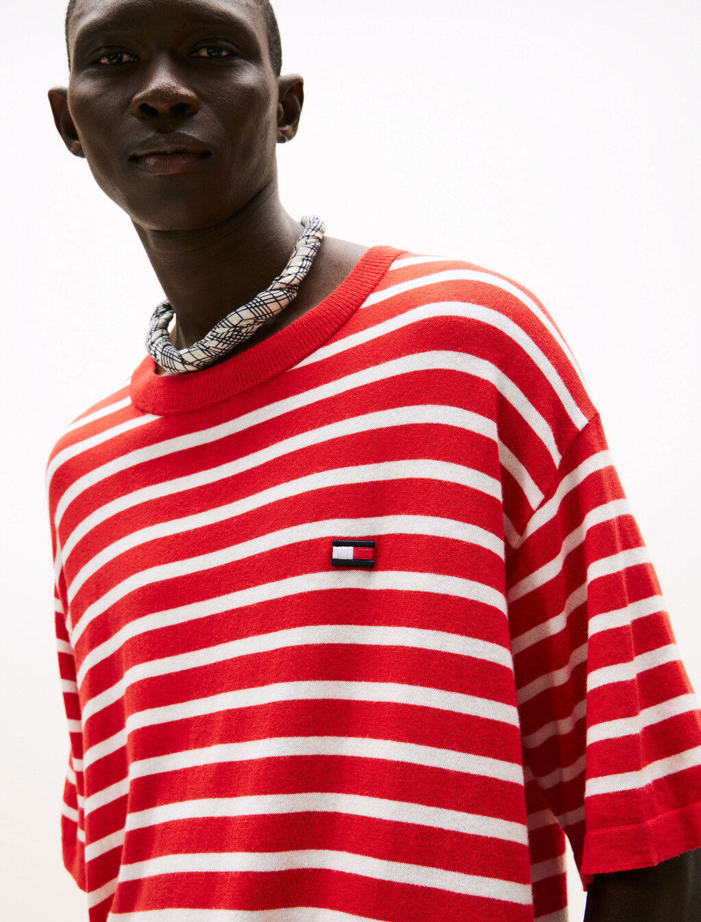 The Runway 系列山羊絨條紋 T 恤, Fire Red / Ecru Stripe, hi-res