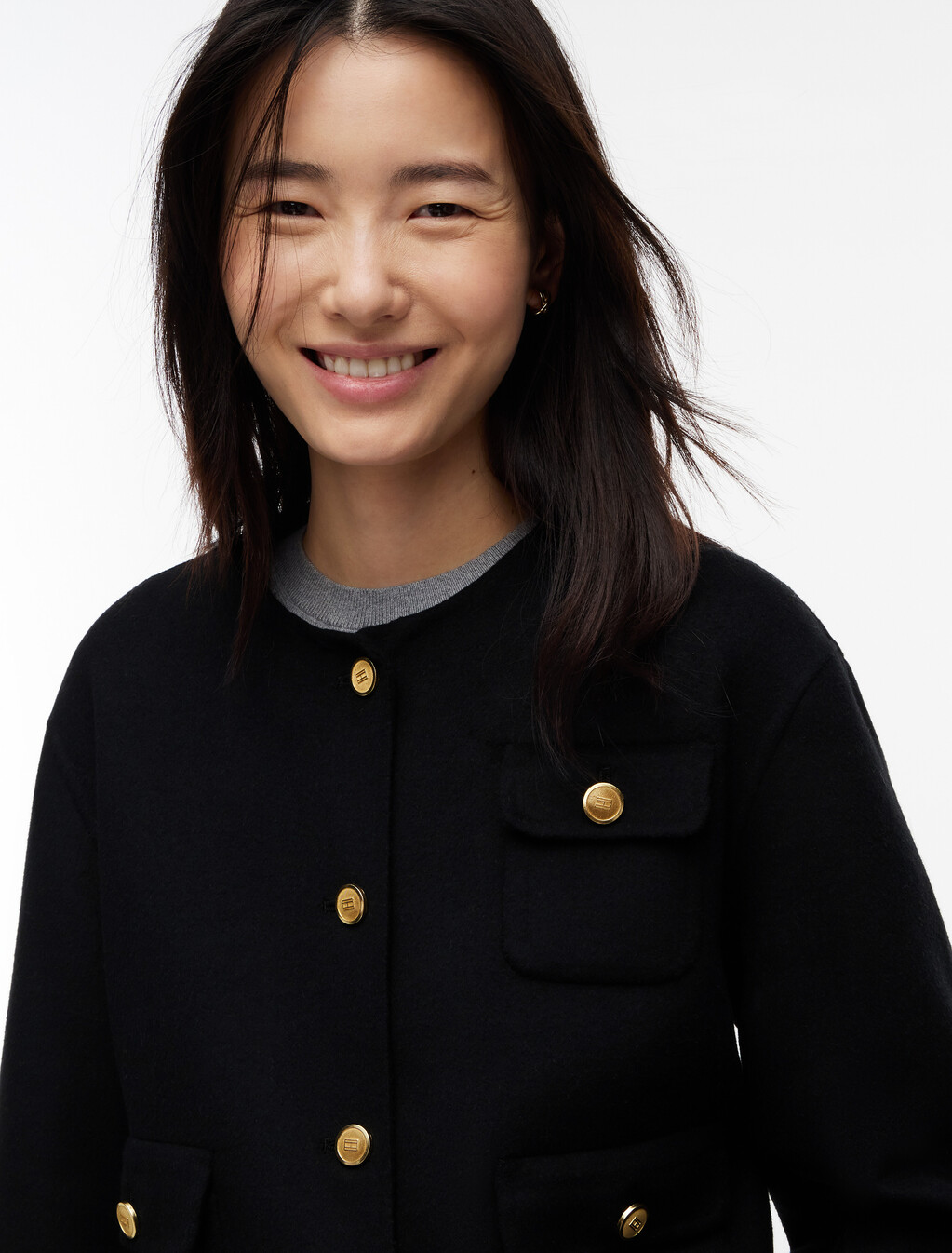 Faux Fur Collar Wool Blend Jacket, Black, hi-res