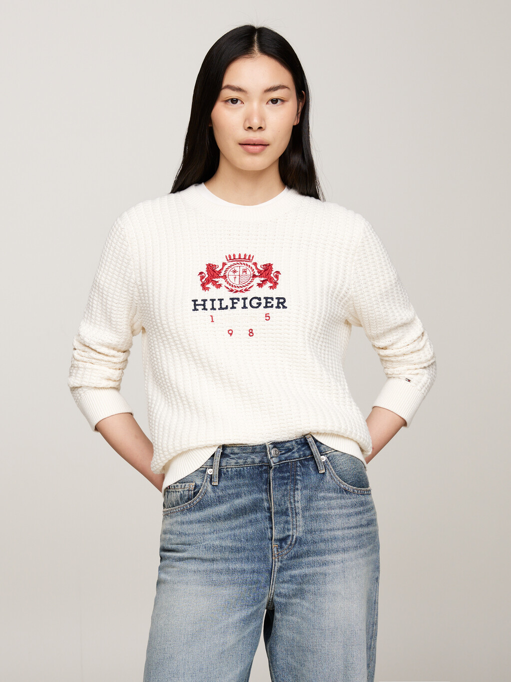 Embroidery Waffle Knit Jumper, Ivory Petal, hi-res