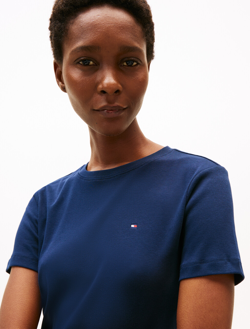 Flag Embroidery Ribbed Slim T-Shirt, Dark Night Navy, hi-res