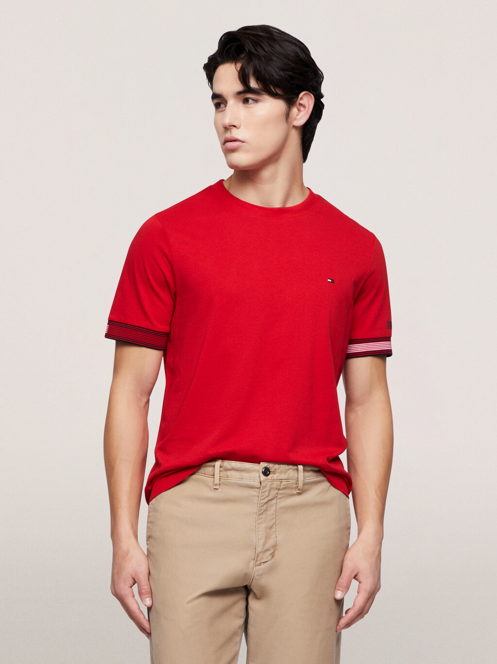 條紋袖口 T 恤, Primary Red, hi-res