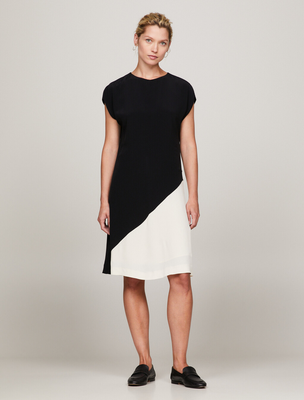 Colour-Blocked Knee Length Dress, Black/ Calico Colorblocked, hi-res