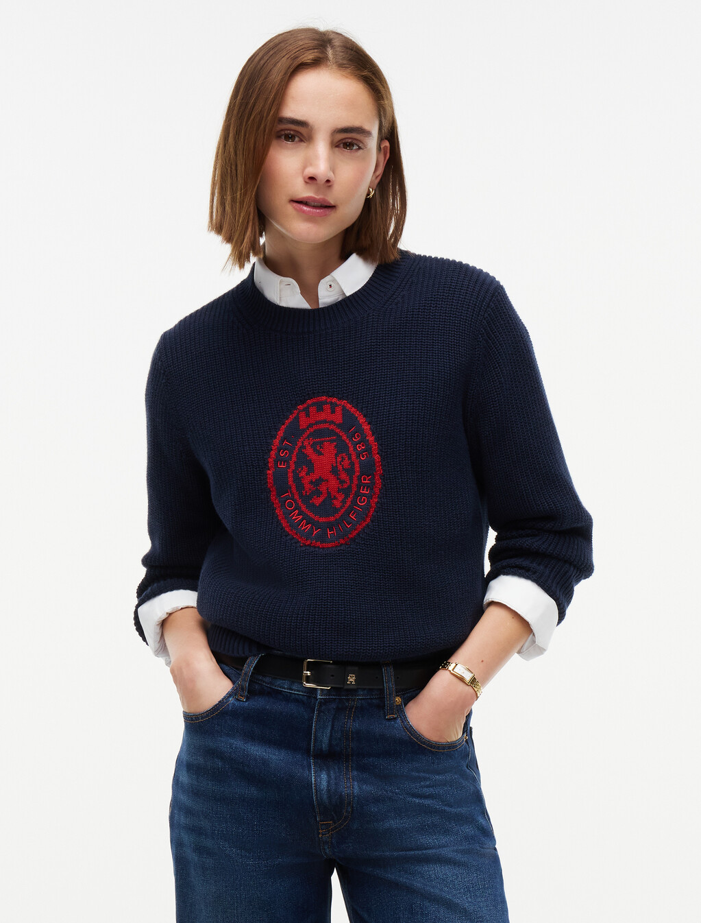 Intarsia Crest Crew Neck Jumper, Dark Blue, hi-res
