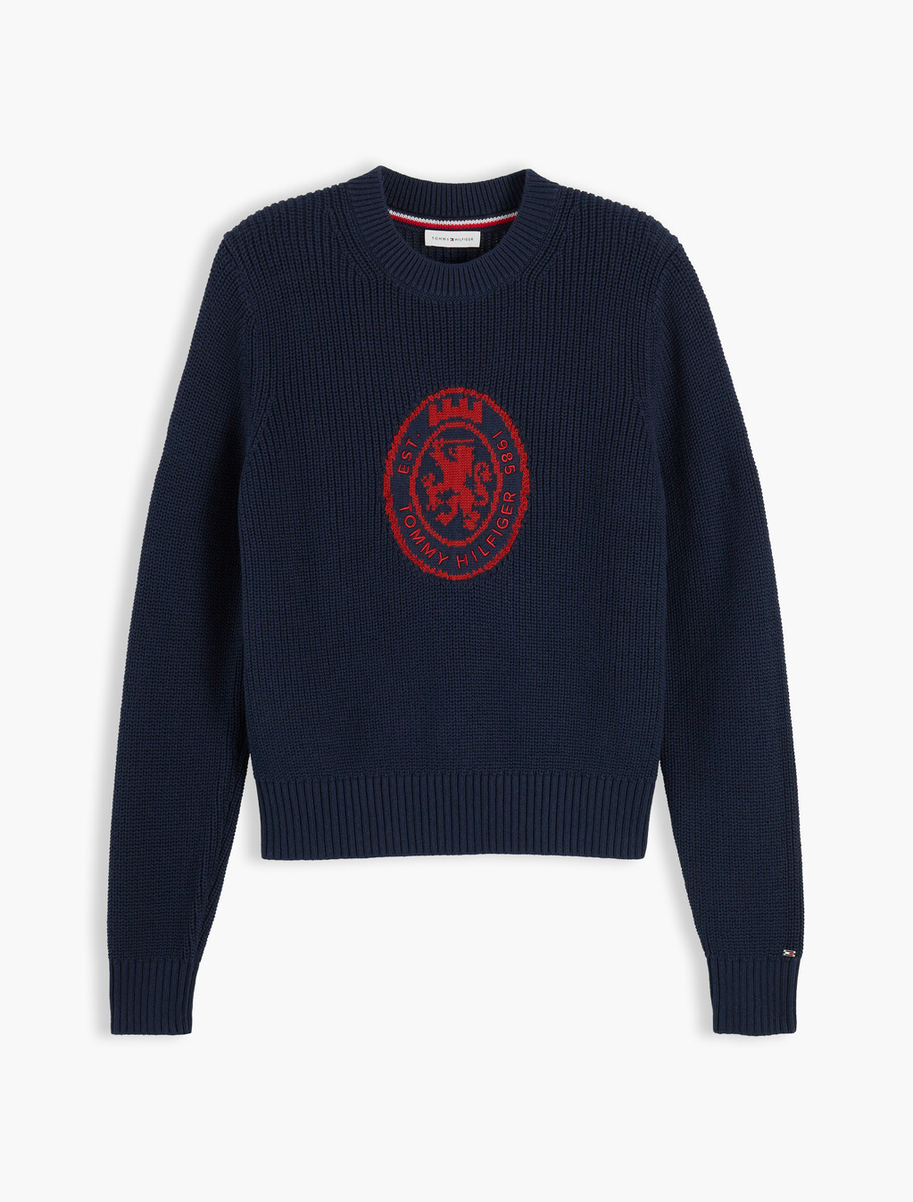 Intarsia Crest Crew Neck Jumper, Dark Blue, hi-res