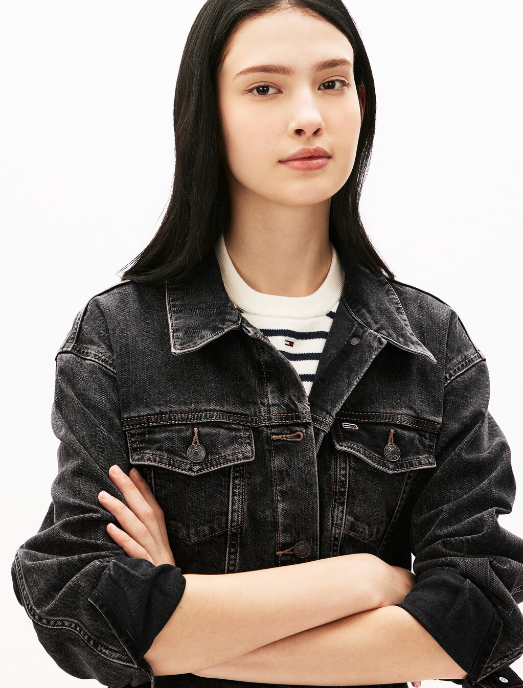 Dark Wash Trucker Dress, Denim Black, hi-res