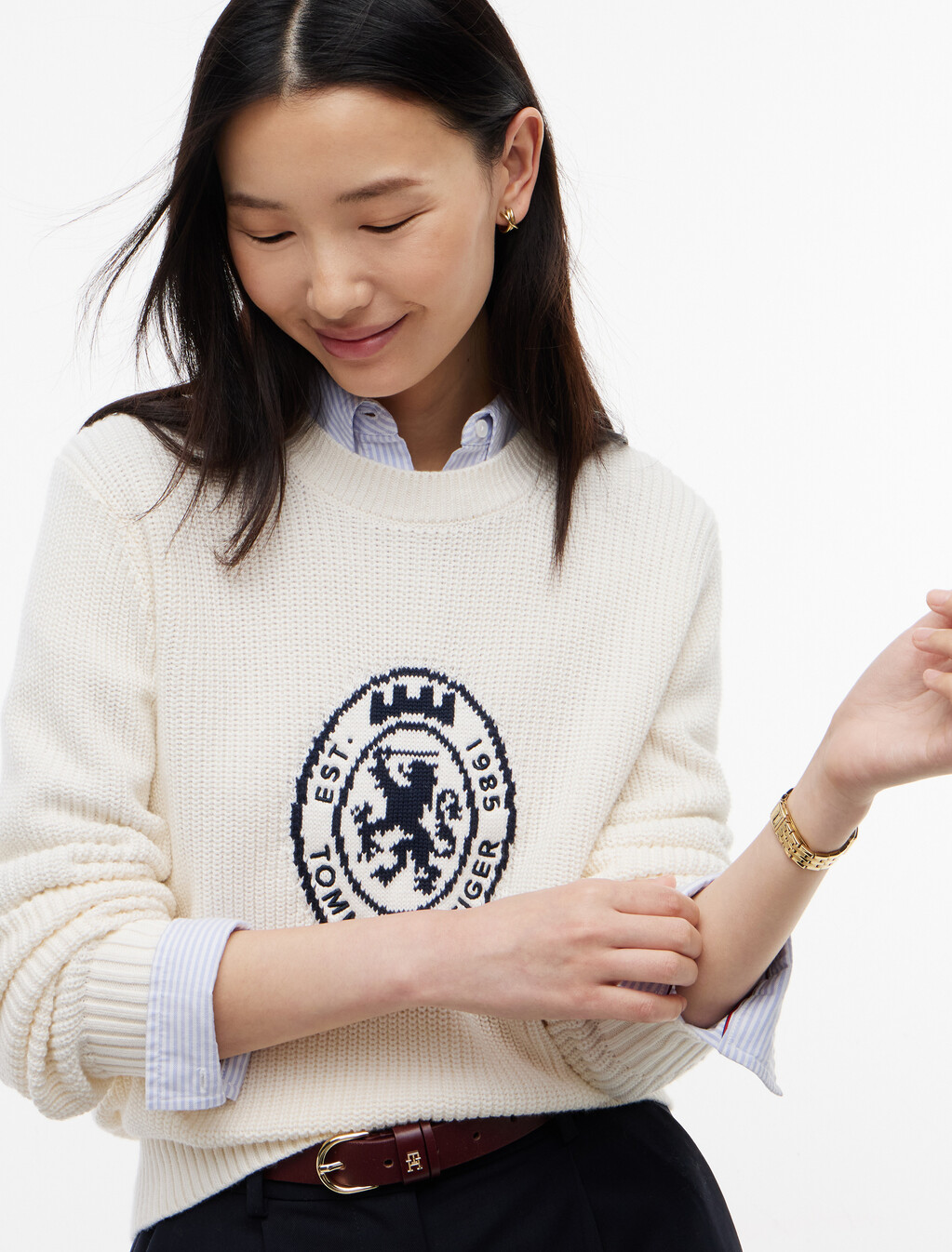 Intarsia Crest Crew Neck Jumper, Ivory Petal, hi-res