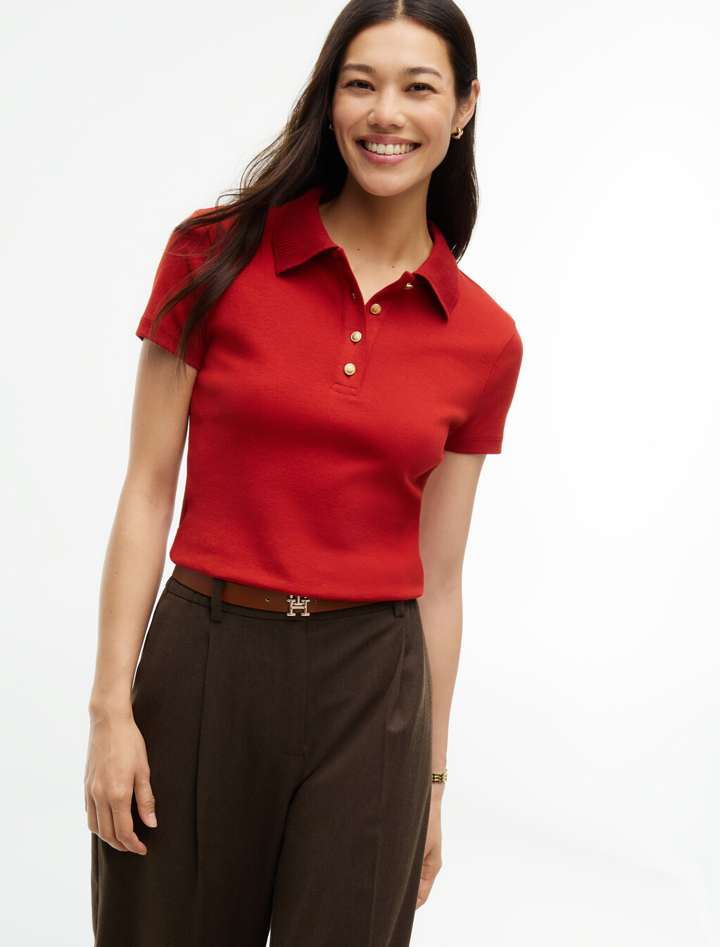 Slim Fit Gold-Tone Button Polo Shirt, Dark Magma, hi-res