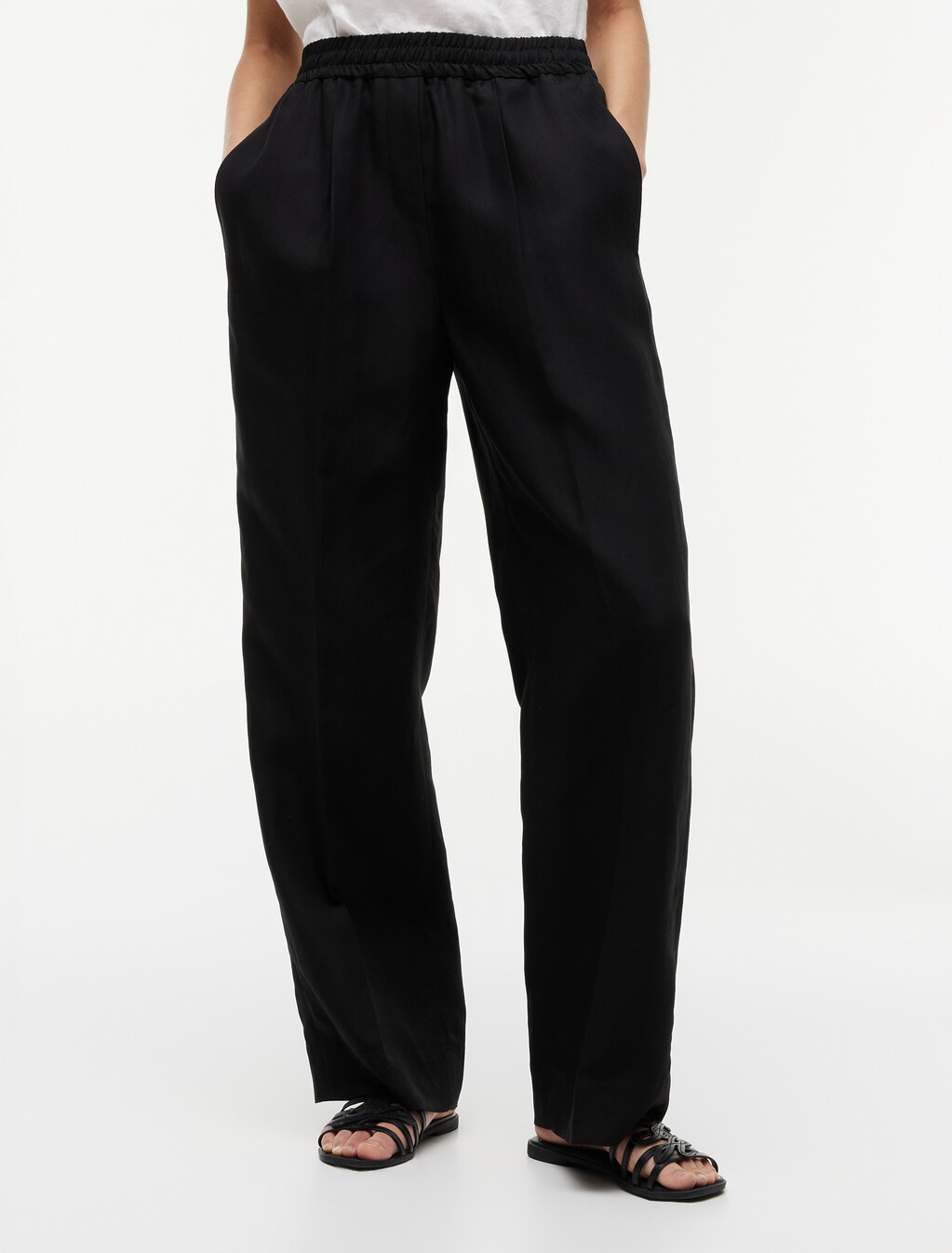Loose Straight Trousers With Linen, Black, hi-res