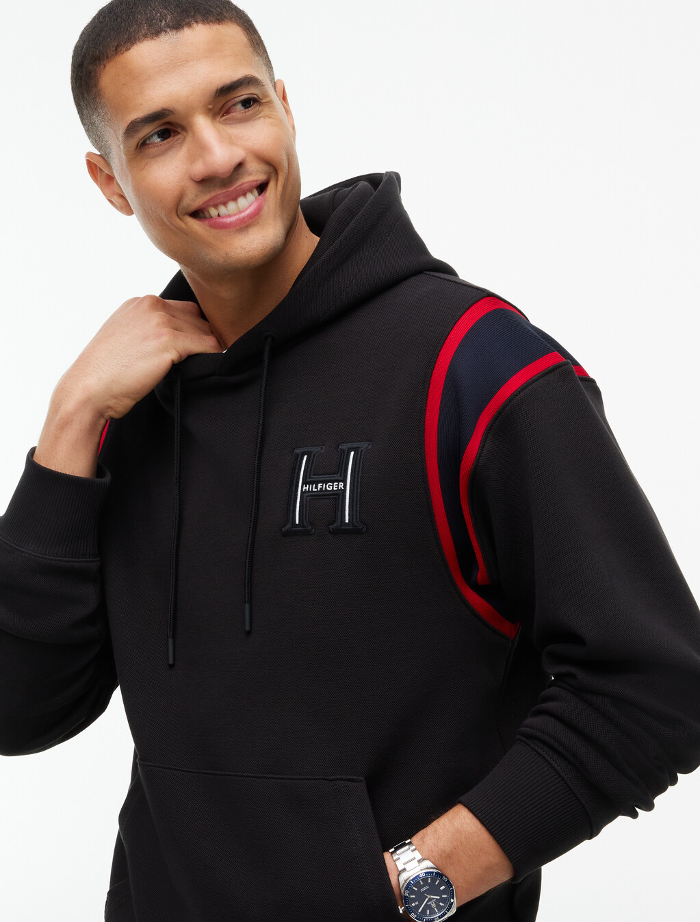 Varsity Logo Contrast Stripe Hoody, Black, hi-res
