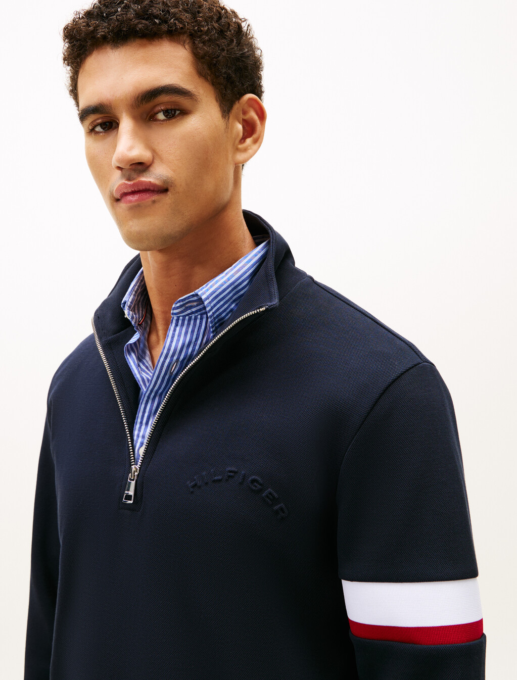 Half Zip Stripe Insert Cotton Pique Sweatshirt, Desert Sky, hi-res
